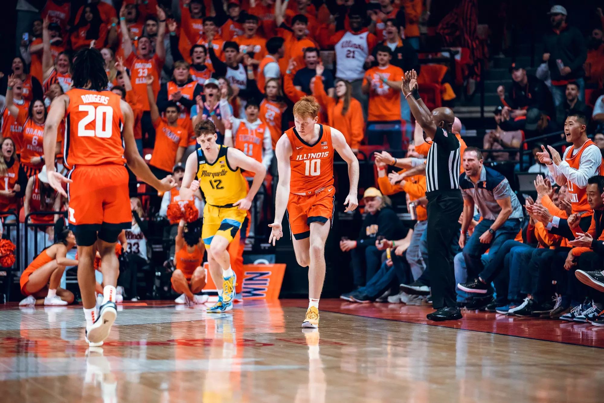 CHAMPAIGN, IL - November 14, 2023 - Illinois Guard Luke Goode (#10) during the game between the Marquette Golden Eagles and the Illinois Fighting Illini at State Farm Center in Champaign, IL. Photo By Kevin Snyder