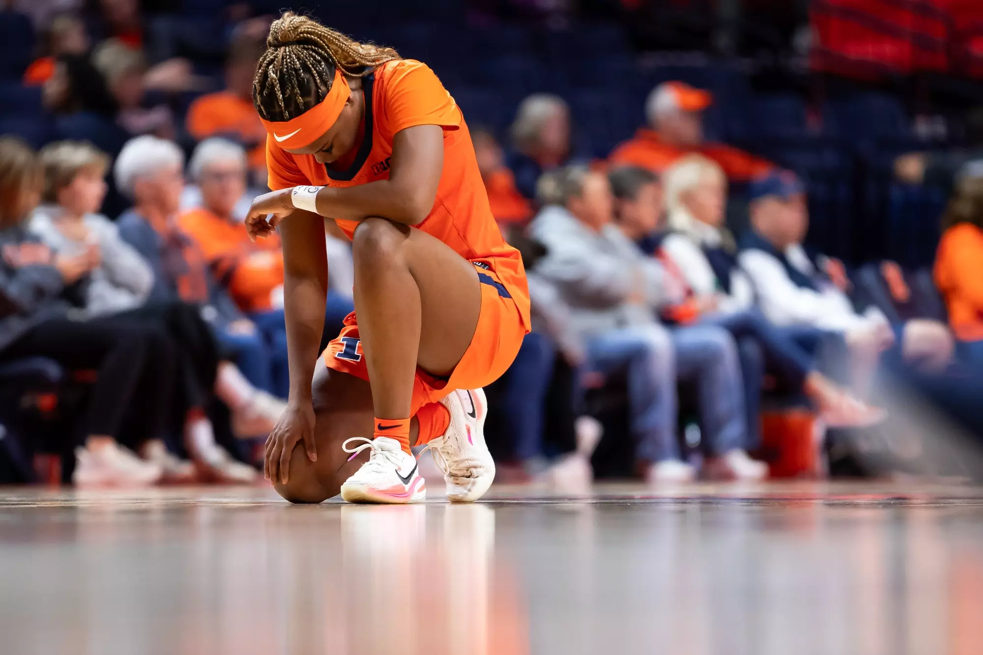 CHAMPAIGN, IL - November 07, 2023 - Illinois Guard Genesis Bryant (#1) before the game between the Morehead State Eagles and the Illinois Fighting Illini at State Farm Center in Champaign, IL. Photo By Kevin Snyder