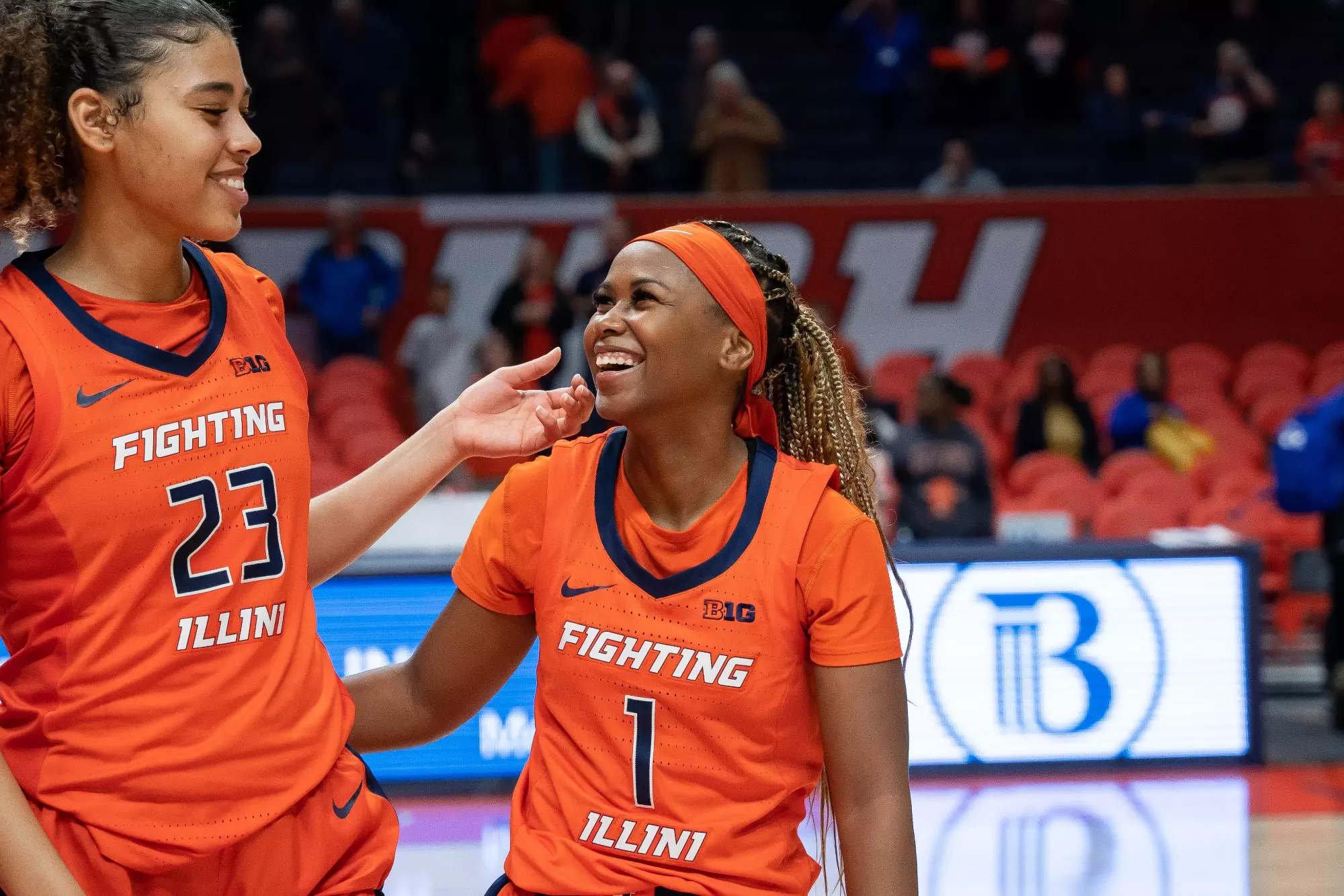 CHAMPAIGN, IL - November 07, 2023 - Illinois Guard Genesis Bryant (#1) after the game between the Morehead State Eagles and the Illinois Fighting Illini at State Farm Center in Champaign, IL. Photo By Madison Dabrowski