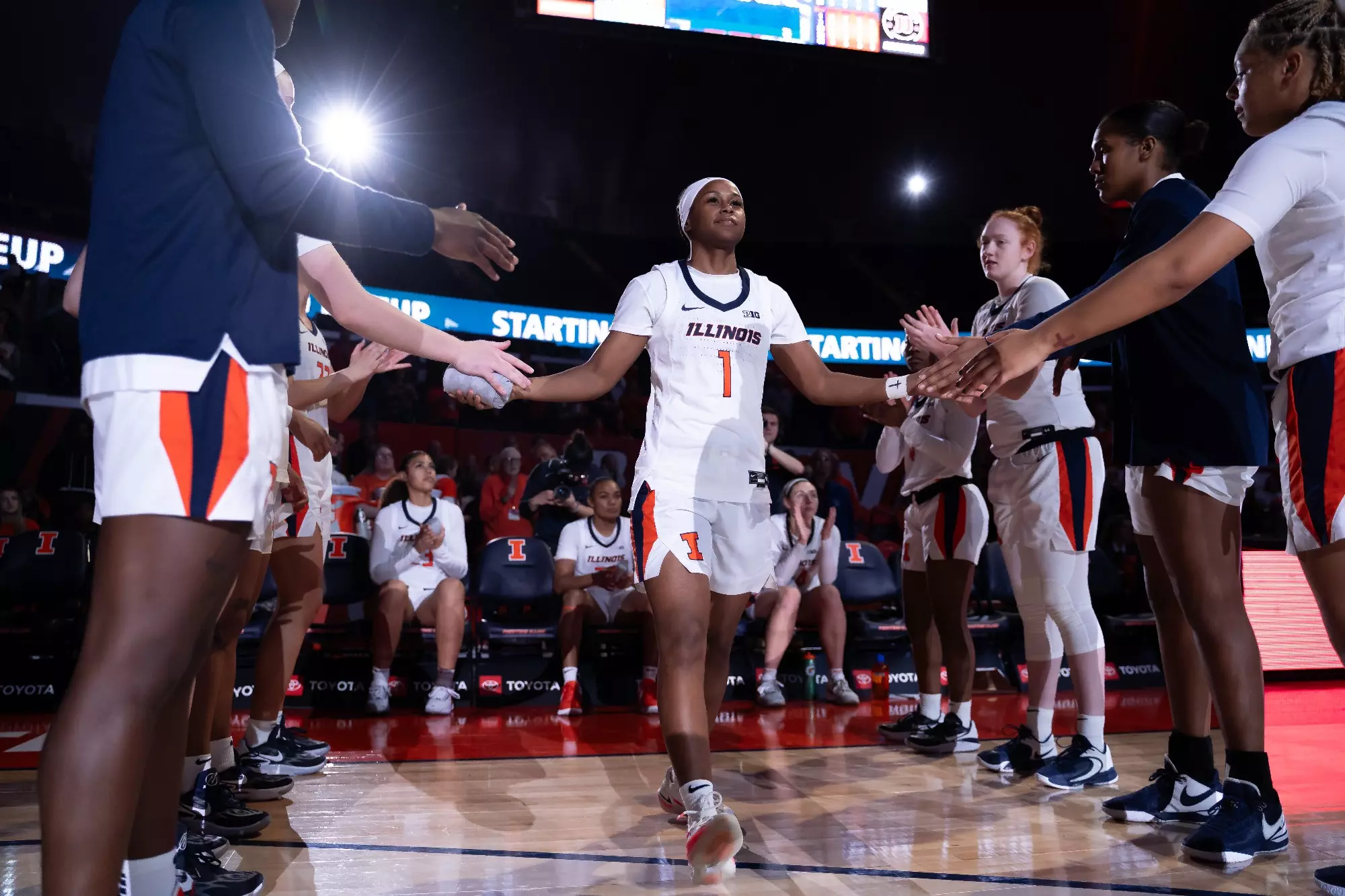 CHAMPAIGN, IL - November 29, 2023 - Illinois Guard Genesis Bryant (#1) before the game between the Central Connecticut State Blue Devils and the Illinois Fighting Illini at State Farm Center in Champaign, IL. Photo By Kevin Snyder