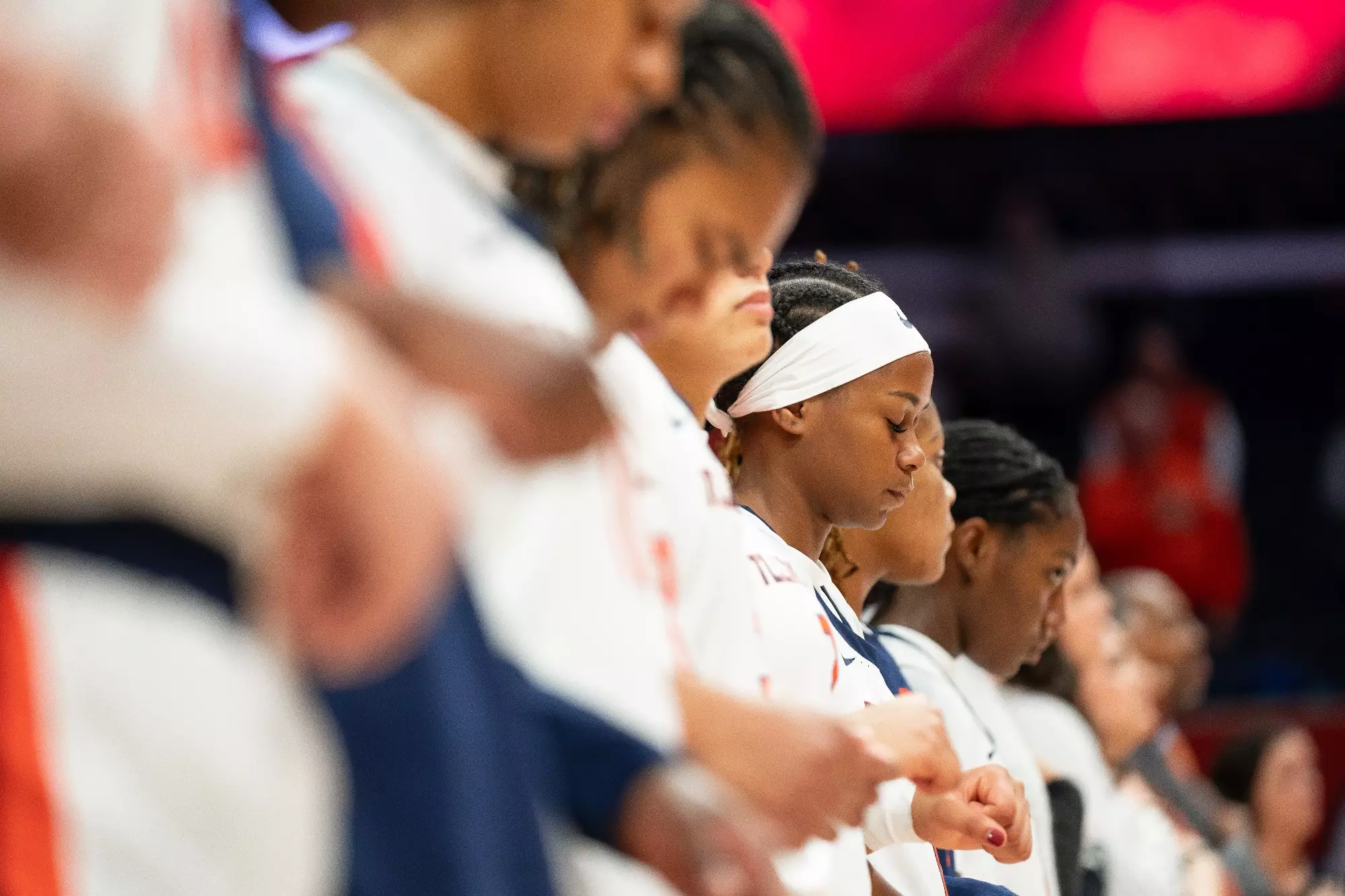 CHAMPAIGN, IL - December 06, 2023 - Illinois Guard Genesis Bryant (#1) during the National Anthem before the game between the Northern Kentucky Norse and the Illinois Fighting Illini at State Farm Center in Champaign, IL. Photo By Kevin Snyder