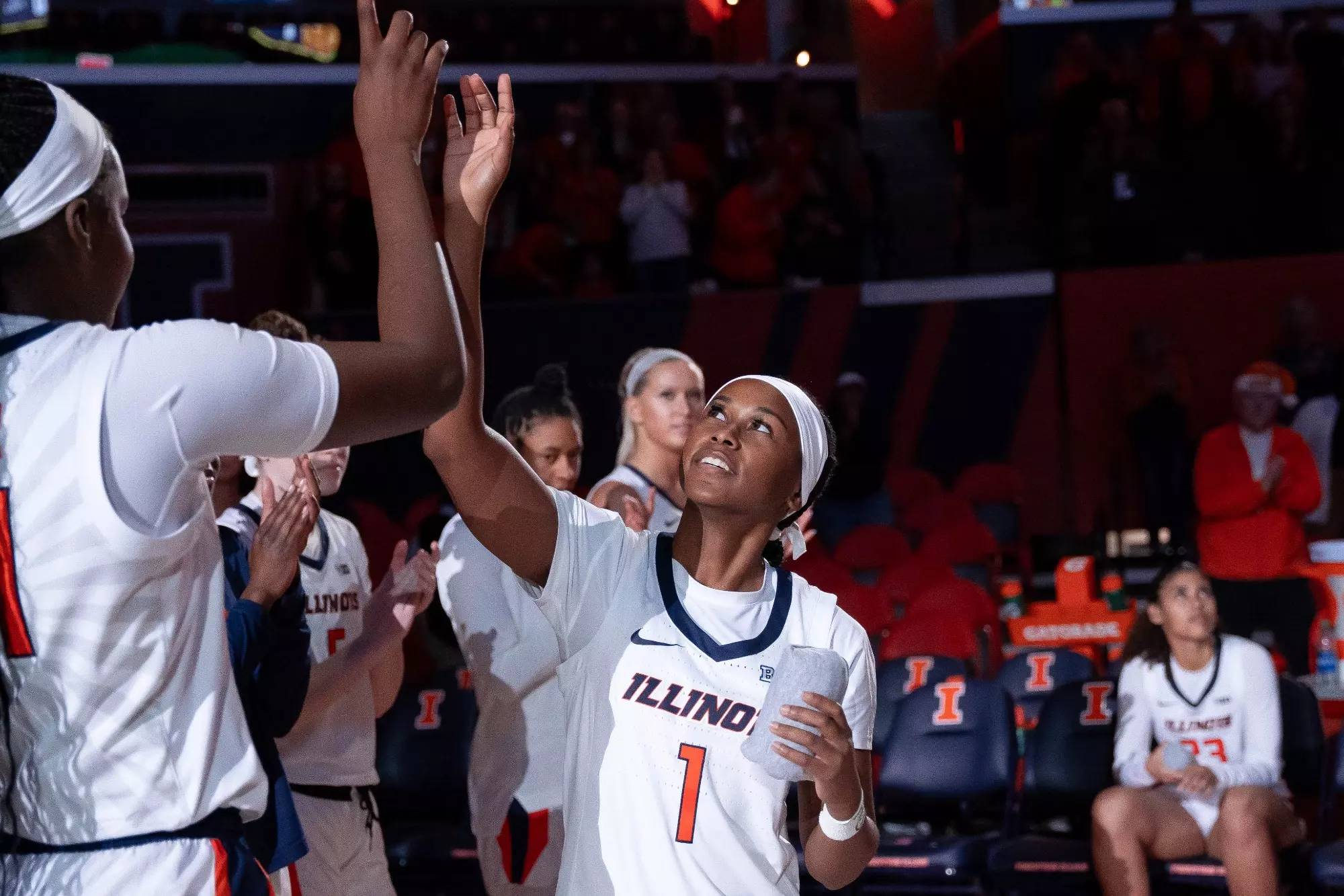 CHAMPAIGN, IL - December 06, 2023 - Illinois Guard Genesis Bryant (#1) before the game between the Northern Kentucky Norse and the Illinois Fighting Illini at State Farm Center in Champaign, IL. Photo By Madison Dabrowski