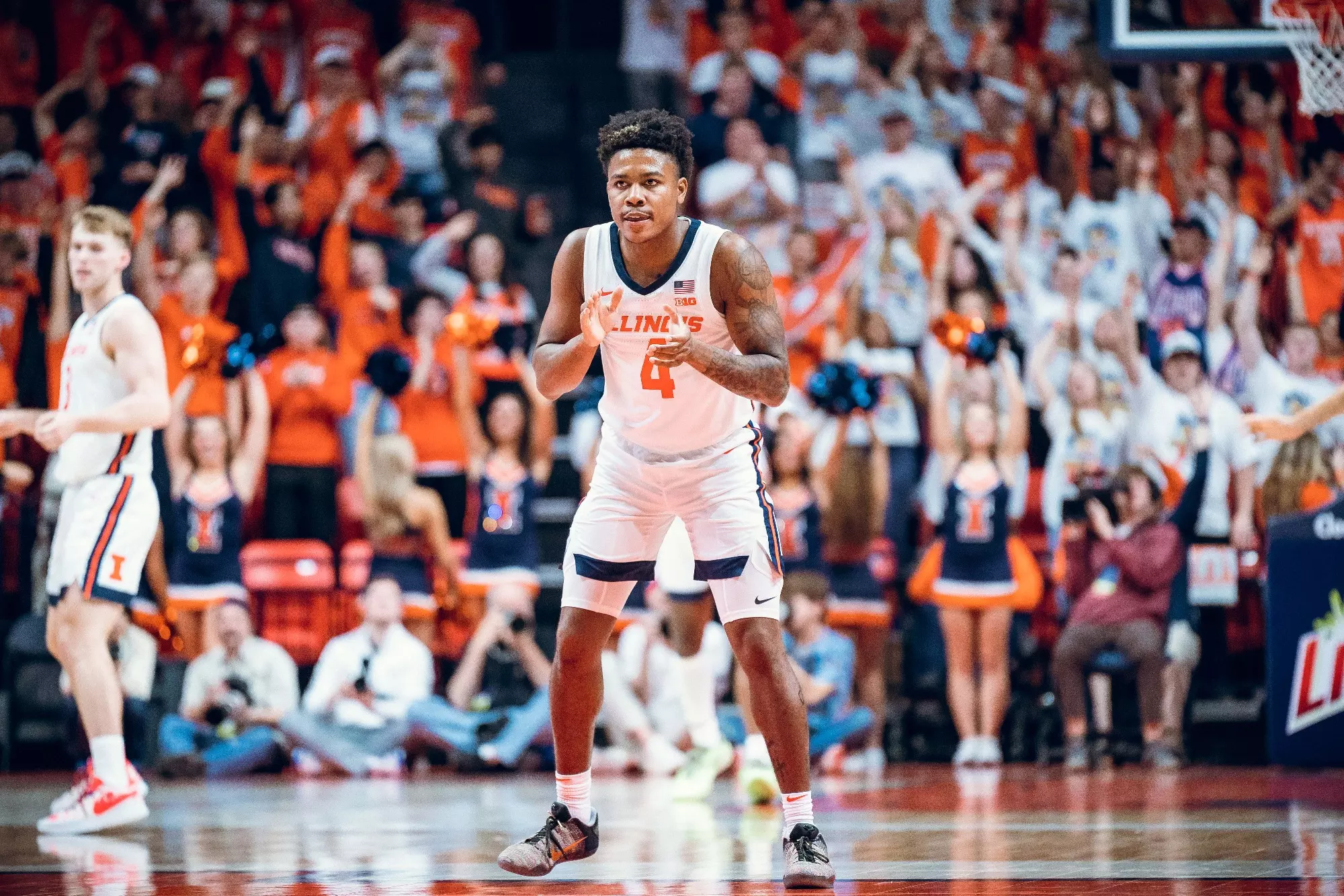 CHAMPAIGN, IL - October 29, 2023 - Illinois Guard Justin Harmon (#4) during the Maui Charity Exhibition game between the Kansas Jayhawks and the Illinois Fighting Illini at State Farm Center in Champaign, IL. Photo By Courtney Bay