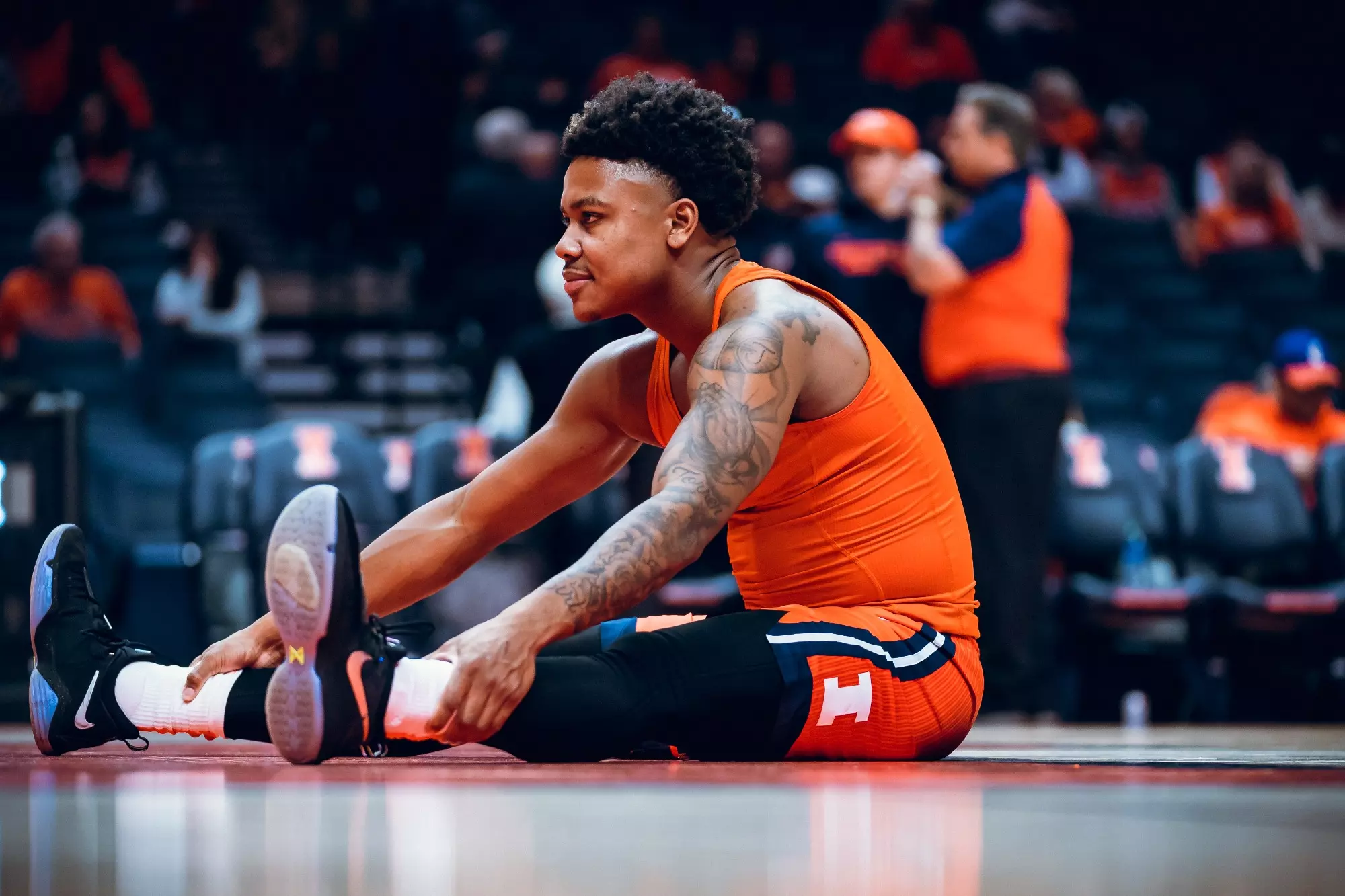 CHAMPAIGN, IL - November 14, 2023 - Illinois Guard Justin Harmon (#4) before the game between the Marquette Golden Eagles and the Illinois Fighting Illini at State Farm Center in Champaign, IL. Photo By Kevin Snyder