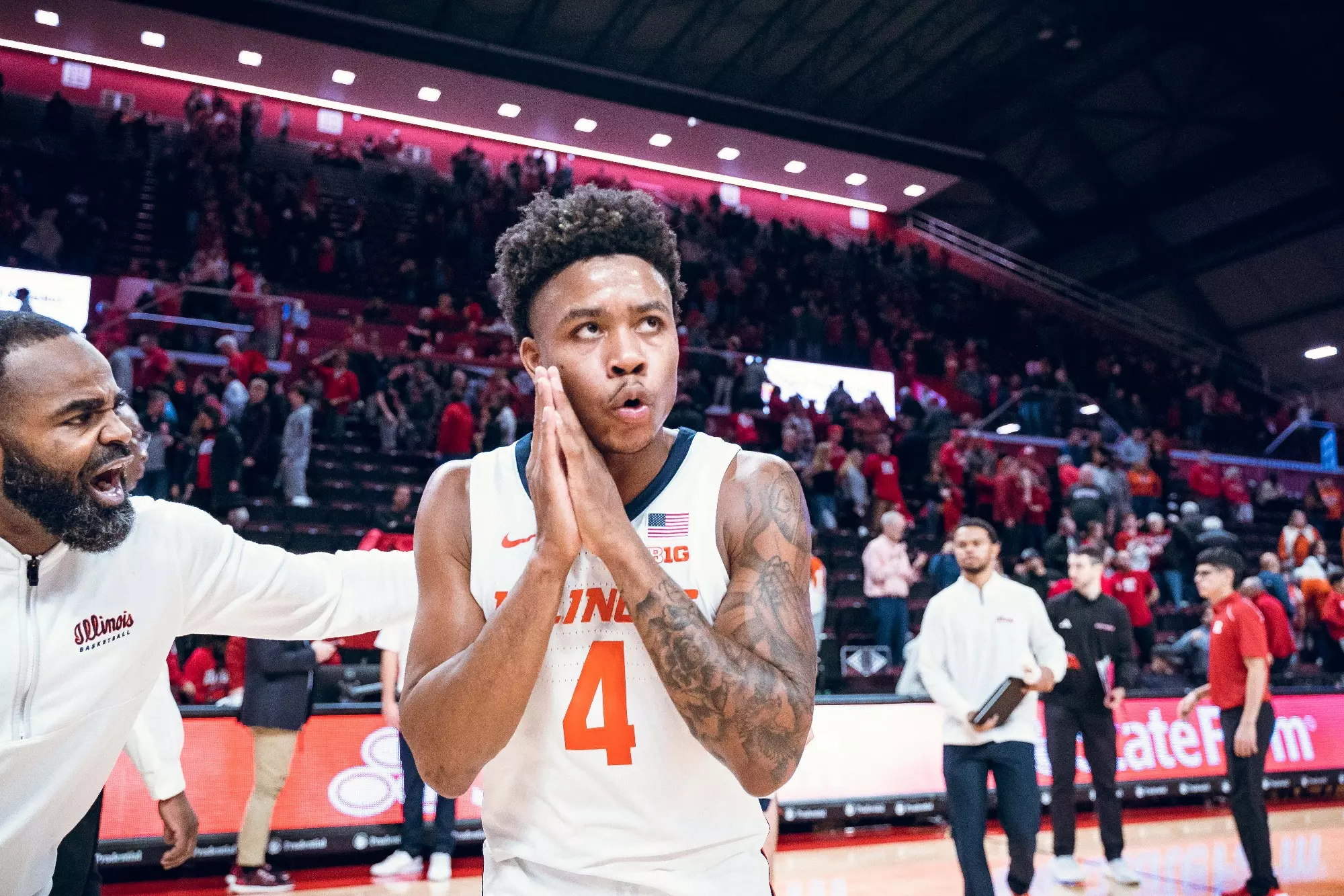 Piscataway, NJ - December 02, 2023 - Illinois Guard Justin Harmon (#4) after the game between the Rutgers Scarlet Knights and the Illinois Fighting Illini at Jersey Mike’s Arena in Piscataway, NJ. Photo By Courtney Bay