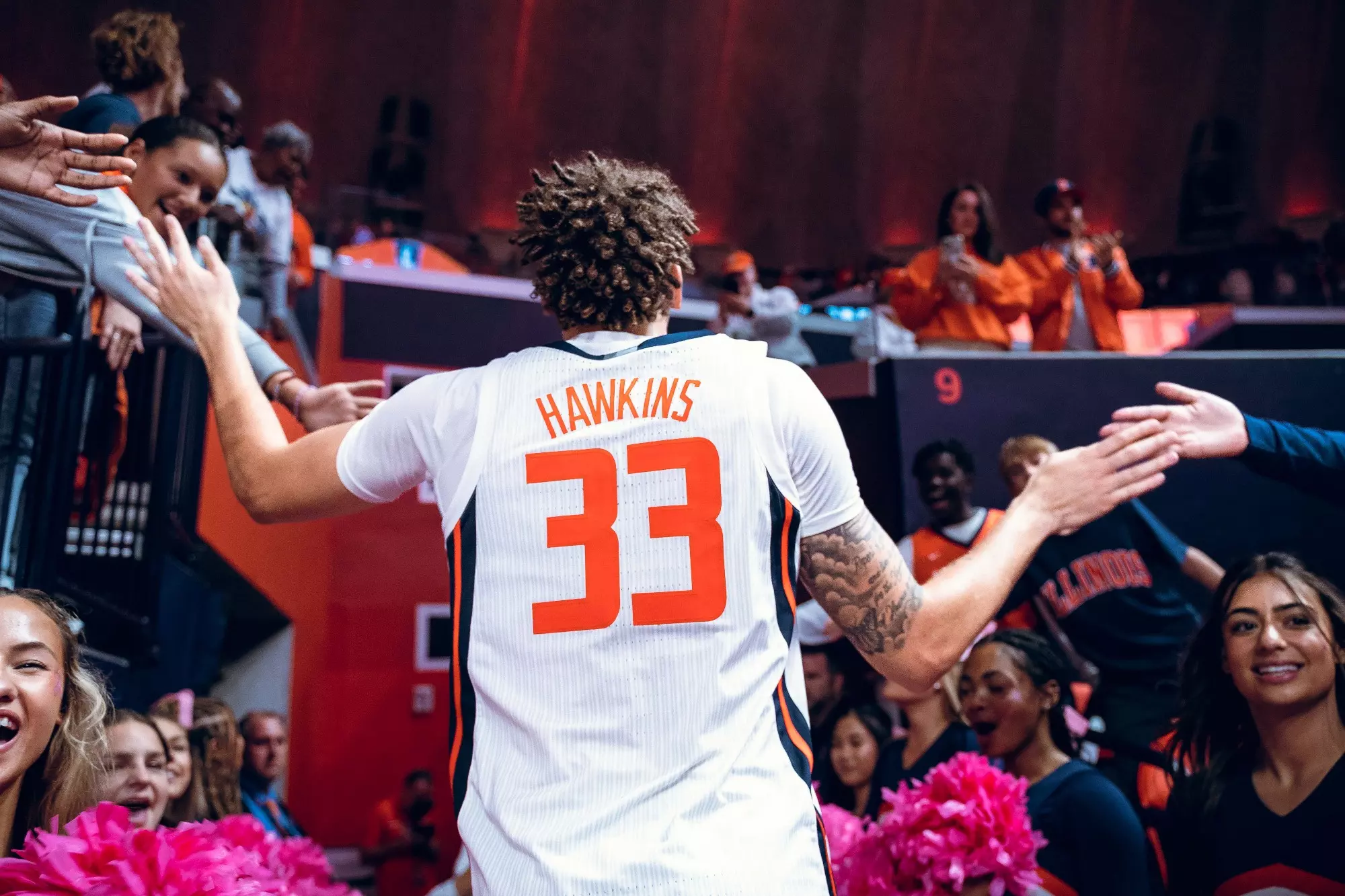 CHAMPAIGN, IL - October 29, 2023 - Illinois Forward Coleman Hawkins (#33) after the Maui Charity Exhibition game between the Kansas Jayhawks and the Illinois Fighting Illini at State Farm Center in Champaign, IL. Photo By Courtney Bay