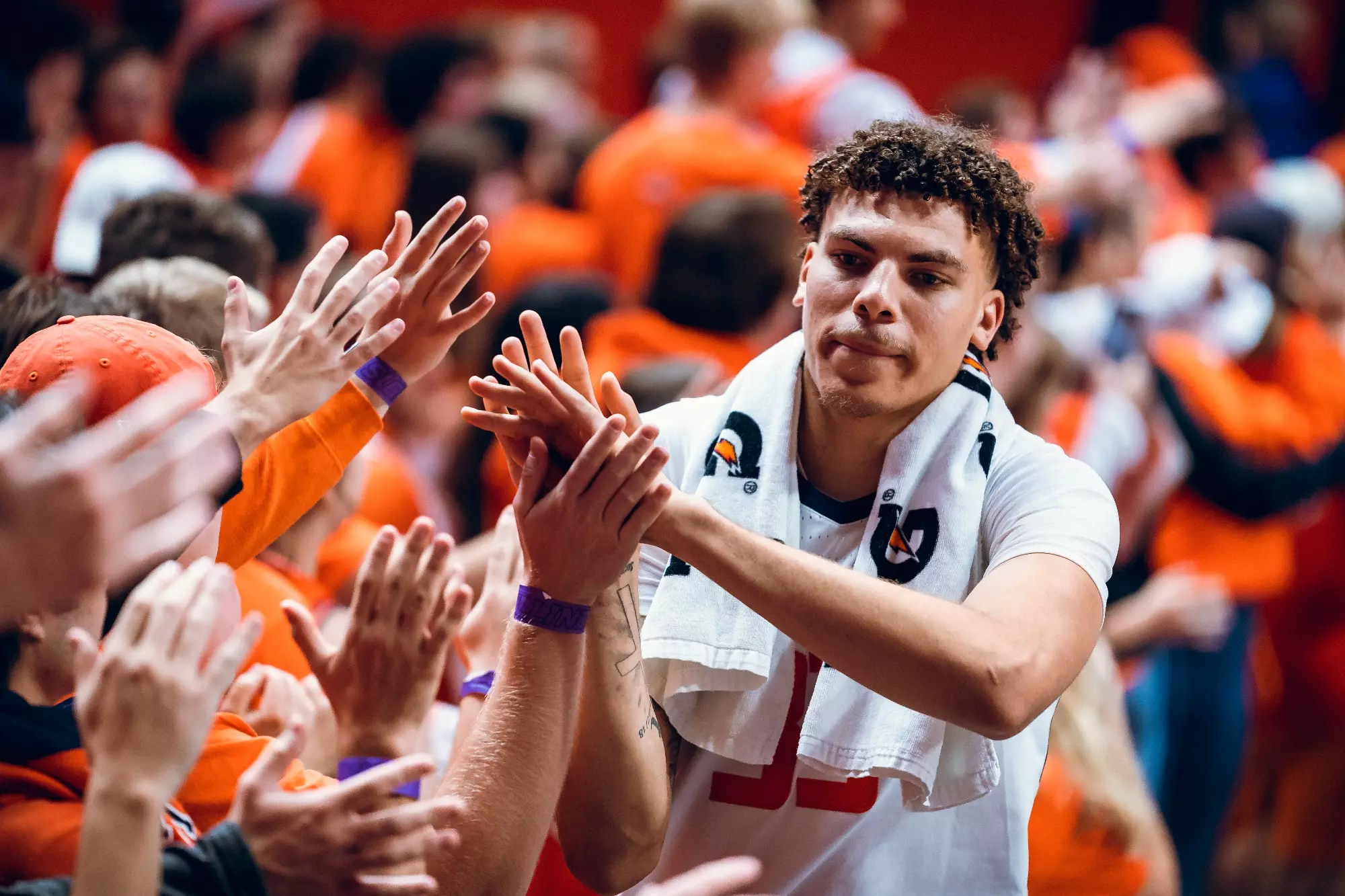 CHAMPAIGN, IL - November 06, 2023 - Illinois Forward Coleman Hawkins (#33) after the game between the Eastern Illinois Panthers and the Illinois Fighting Illini at State Farm Center in Champaign, IL. Photo By Kevin Snyder