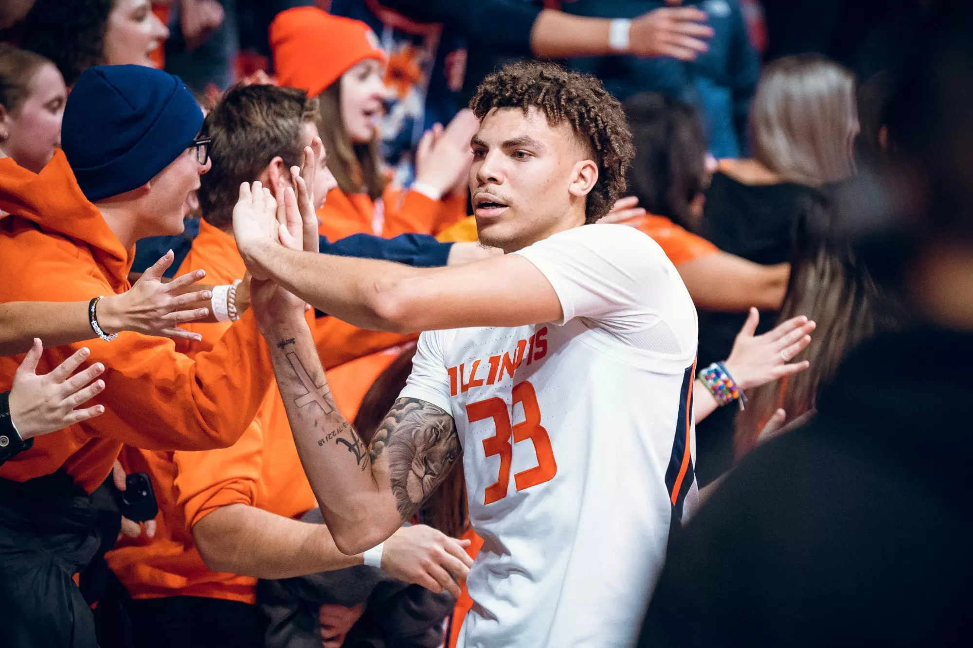 CHAMPAIGN, IL - November 10, 2023 - Illinois Forward Coleman Hawkins (#33) after the game between the Oakland Golden Grizzlies and the Illinois Fighting Illini at State Farm Center in Champaign, IL. Photo By Courtney Bay