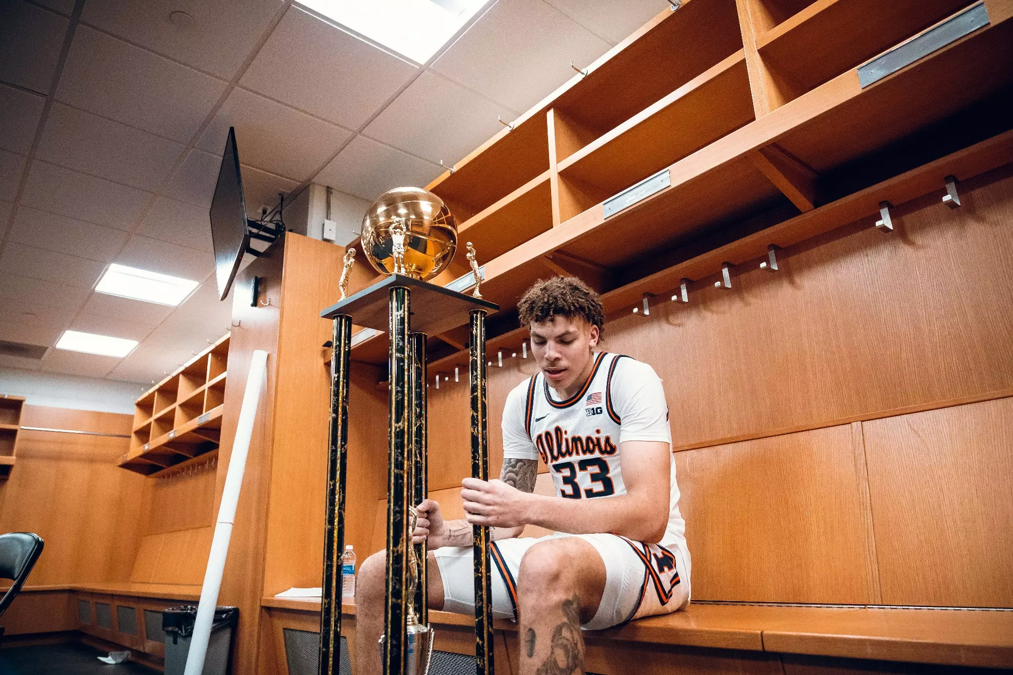 St. Louis, MO - December 22, 2023 - Illinois Forward Coleman Hawkins (#33) after the Braggin’ Rights game between the Missouri Tigers and the Illinois Fighting Illini at Enterprise Center in St. Louis, MO. Photo By Courtney Bay