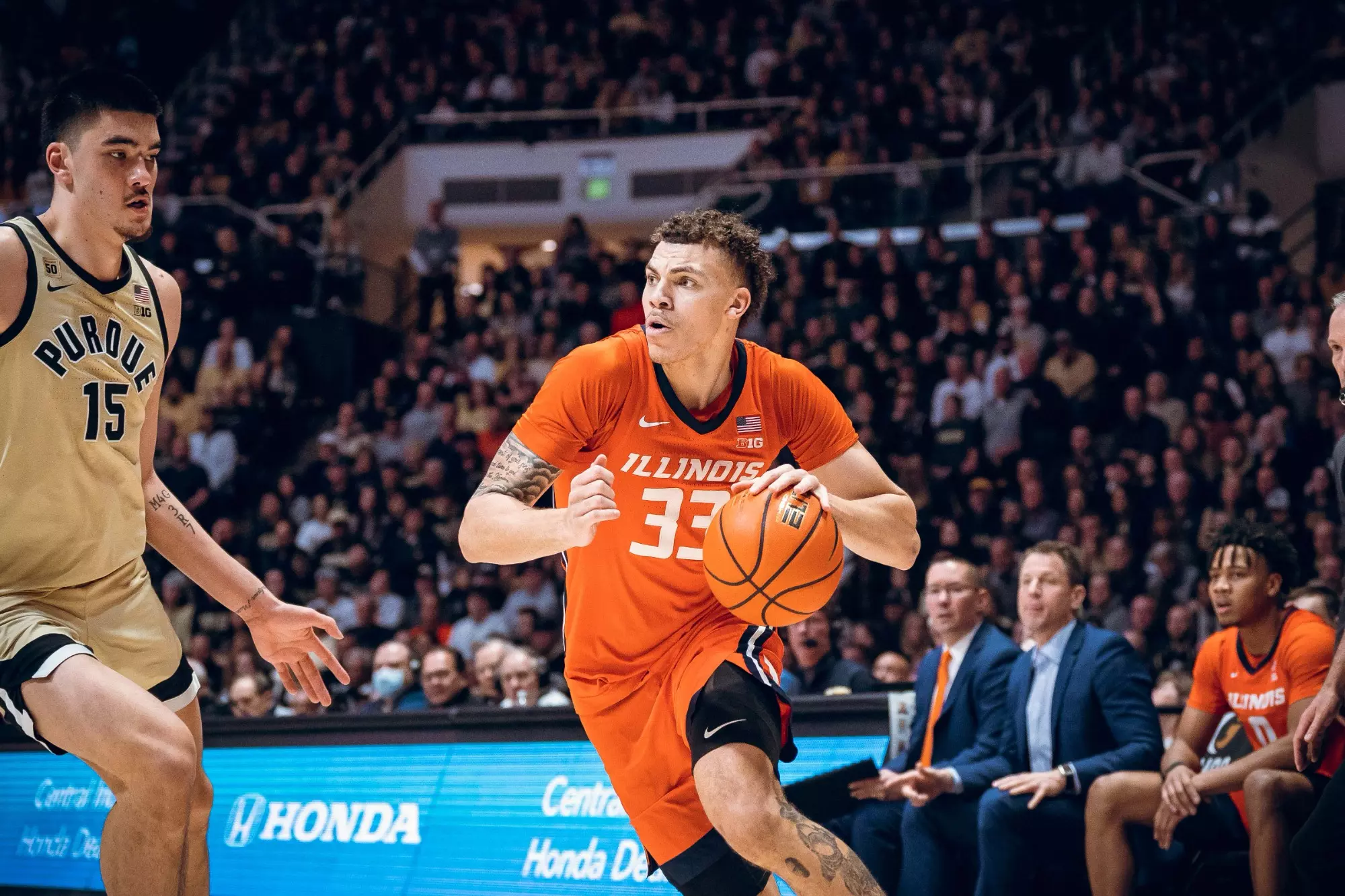 Image Taken At Illinois Fighting Illini at Purdue Boilermakers Men’s Basketball Game, Mackey Arena, Purdue University, West Lafayette, IN, Sunday, March 5, 2023. Courtney Bay/Illinois Basketball