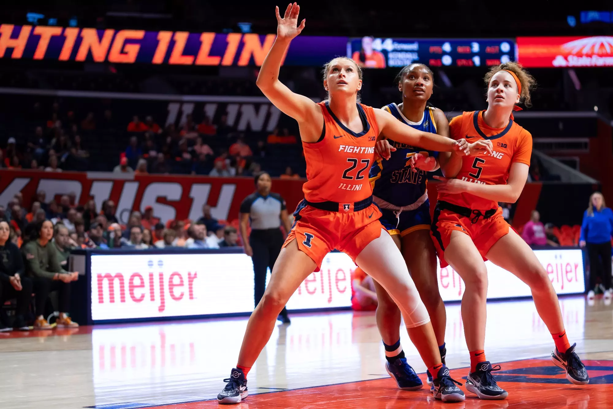 CHAMPAIGN, IL - November 07, 2023 - Illinois Forward Shay Bollin (#22) and Illinois Guard Gretchen Dolan (#5) during the game between the Morehead State Eagles and the Illinois Fighting Illini at State Farm Center in Champaign, IL. Photo By Kevin Snyder