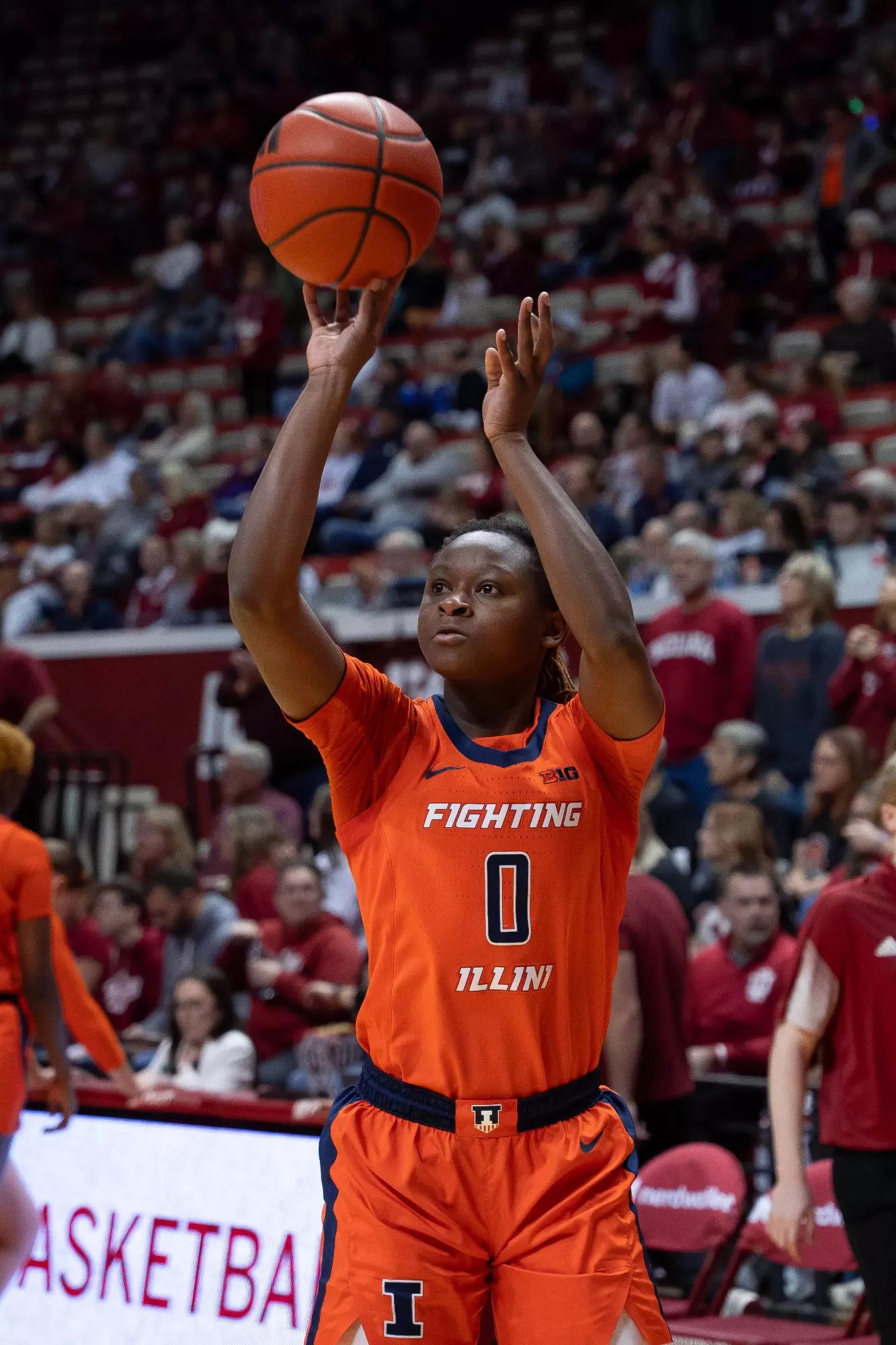 Bloomington, IN - December 31, 2023 - Illinois Guard Camille Jackson (#0) before the game between the Indiana Hoosiers and the Illinois Fighting Illini at Simon Skjodt Assembly Hall in Bloomington, IN. Photo By Madison Dabrowski