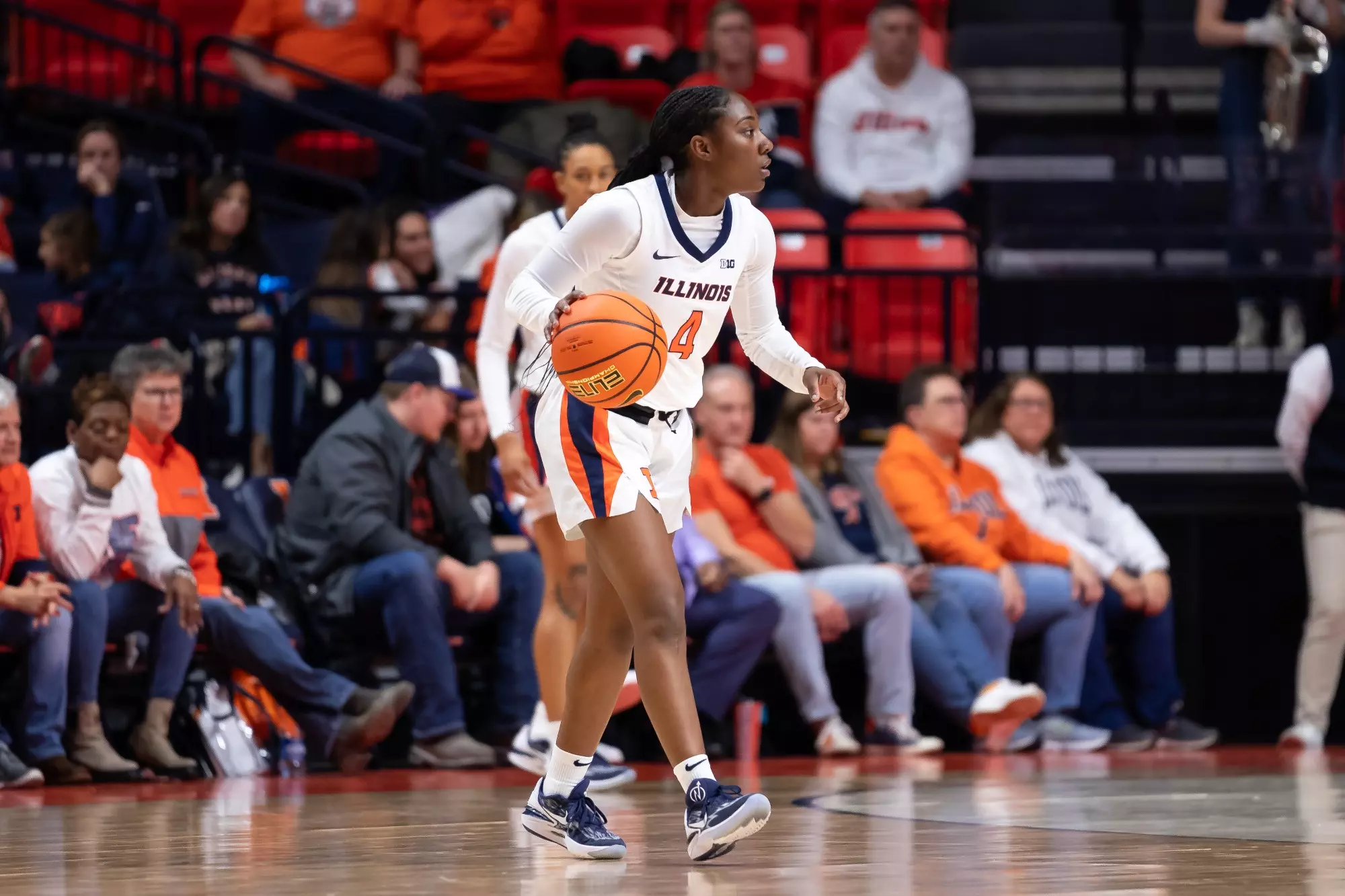 CHAMPAIGN, IL - November 29, 2023 - Illinois Guard Kam'Ren Rhodes (#4) during the game between the Central Connecticut State Blue Devils and the Illinois Fighting Illini at State Farm Center in Champaign, IL. Photo By Kevin Snyder