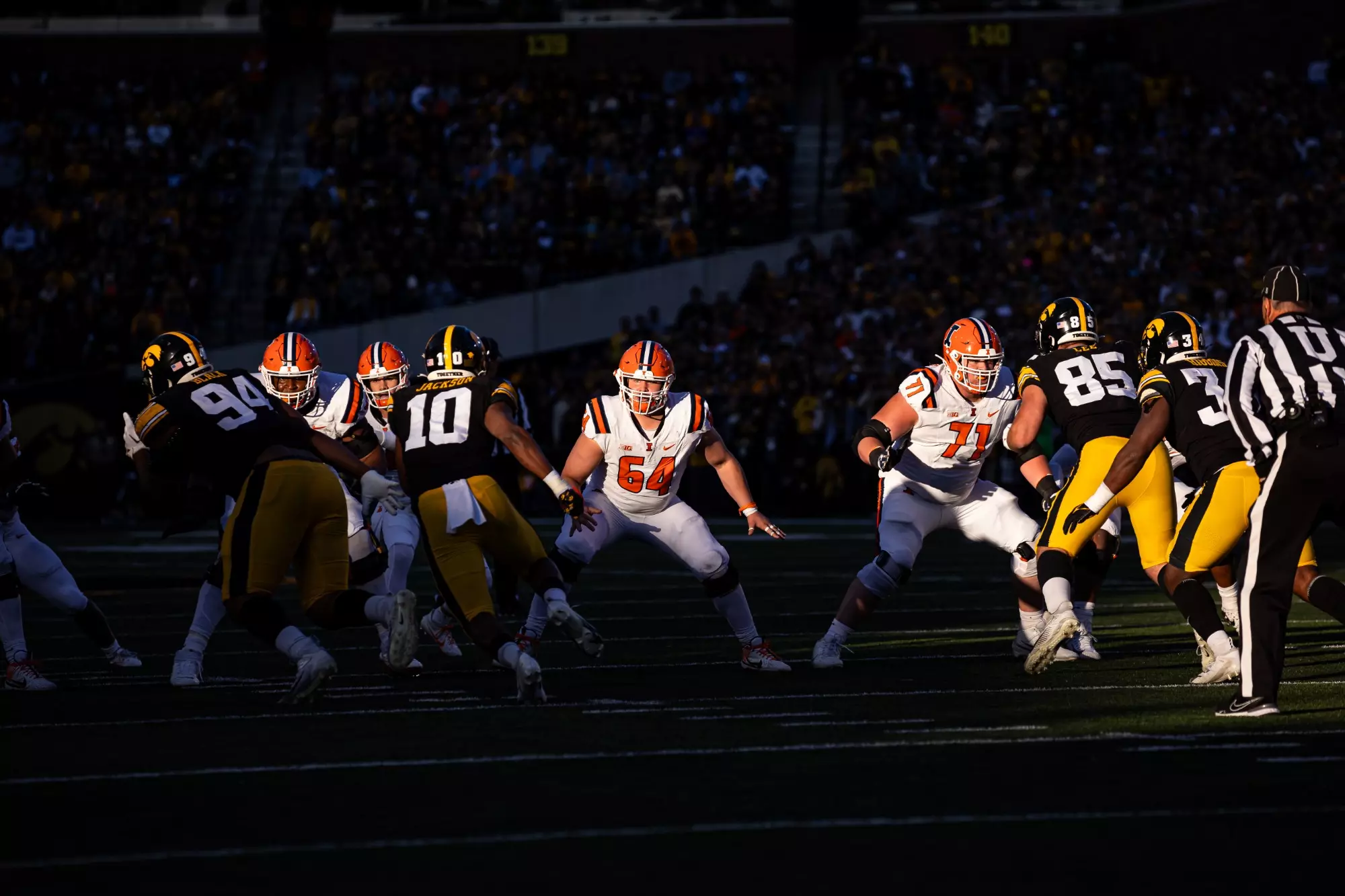 IOWA CITY, IA - November 18, 2023 - Illinois Offensive Lineman Josh Kreutz (#64) during the game between the Illinois Fighting Illini and the Iowa Hawkeyes at Kinnick Stadium in Iowa City, IA. Photo By Kevin Snyder