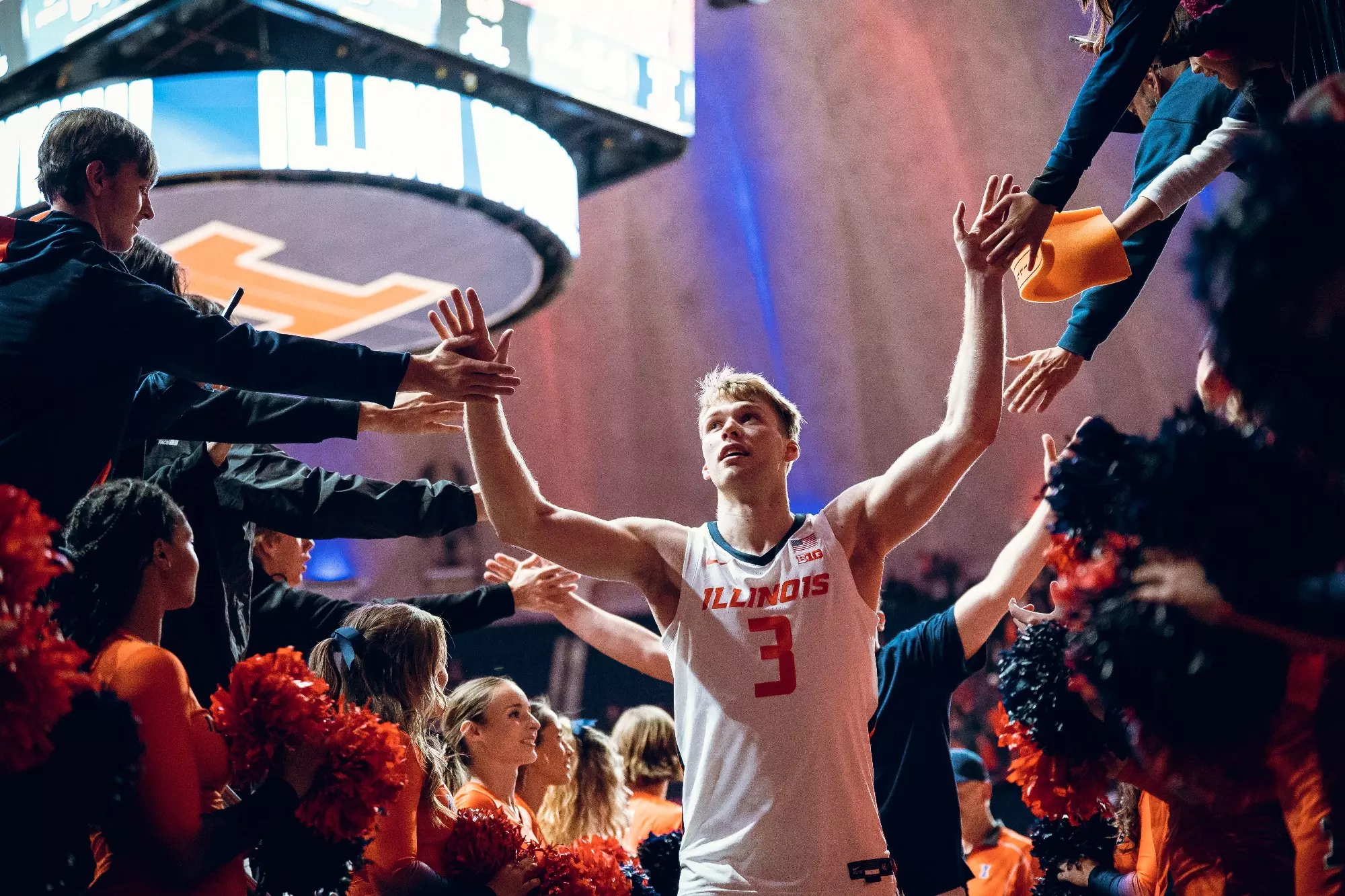 CHAMPAIGN, IL - November 10, 2023 - Illinois Guard/Forward Marcus Domask (#3) after the game between the Oakland Golden Grizzlies and the Illinois Fighting Illini at State Farm Center in Champaign, IL. Photo By Courtney Bay