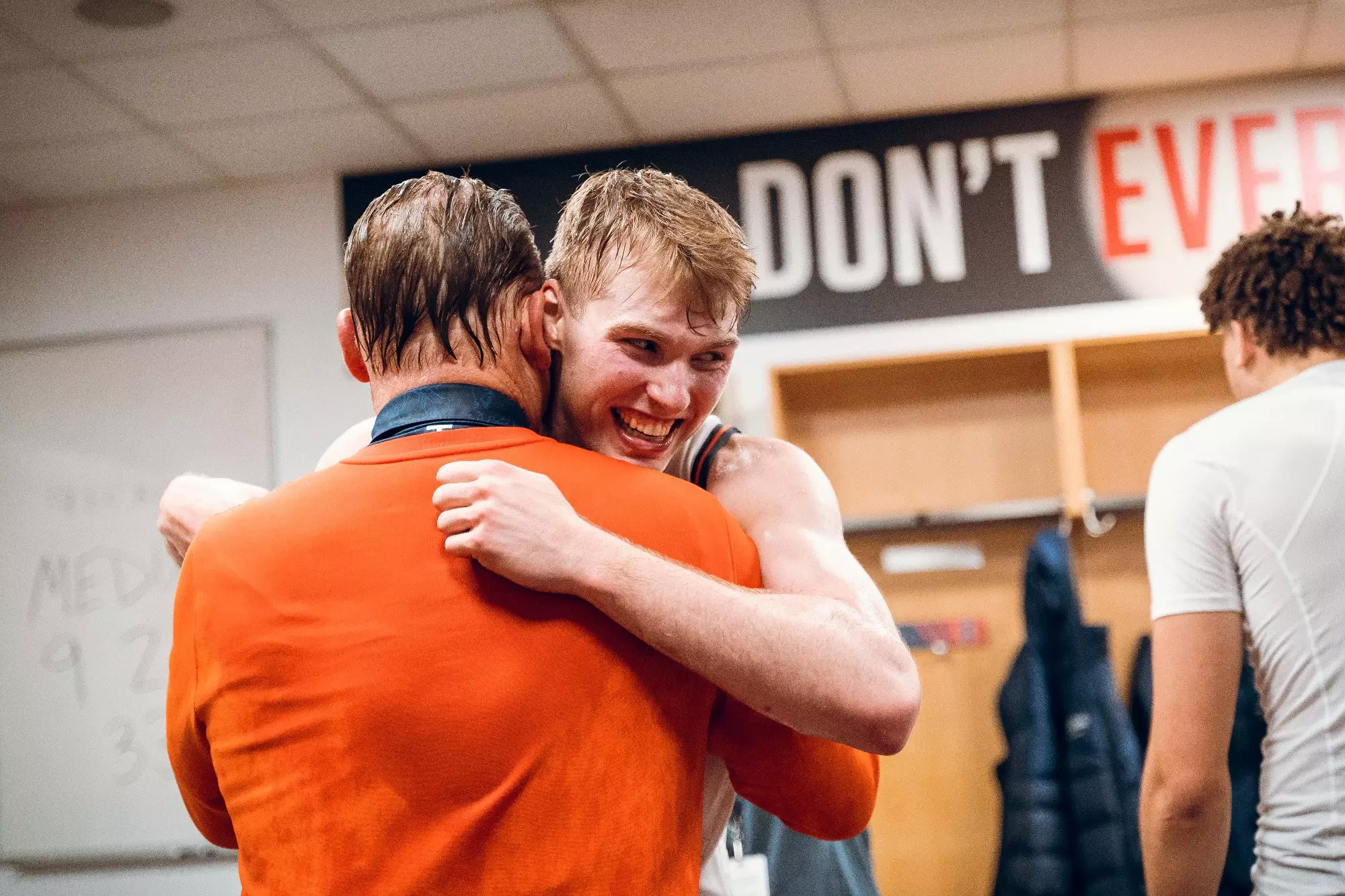 New York City, NY - December 05, 2023 - Illinois Head Coach Brad Underwood and Illinois Guard/Forward Marcus Domask (#3) after the game between the Florida Atlantic Owls and the Illinois Fighting Illini at Madison Square Garden in New York City, NY. Photo By Courtney Bay
