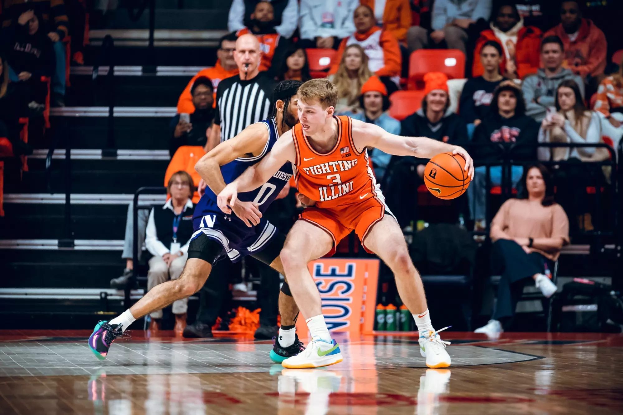 CHAMPAIGN, IL - January 02, 2024 - Illinois Guard/Forward Marcus Domask (#3) during the game between the Northwestern Wildcats and the Illinois Fighting Illini at State Farm Center in Champaign, IL. Photo By Kevin Snyder