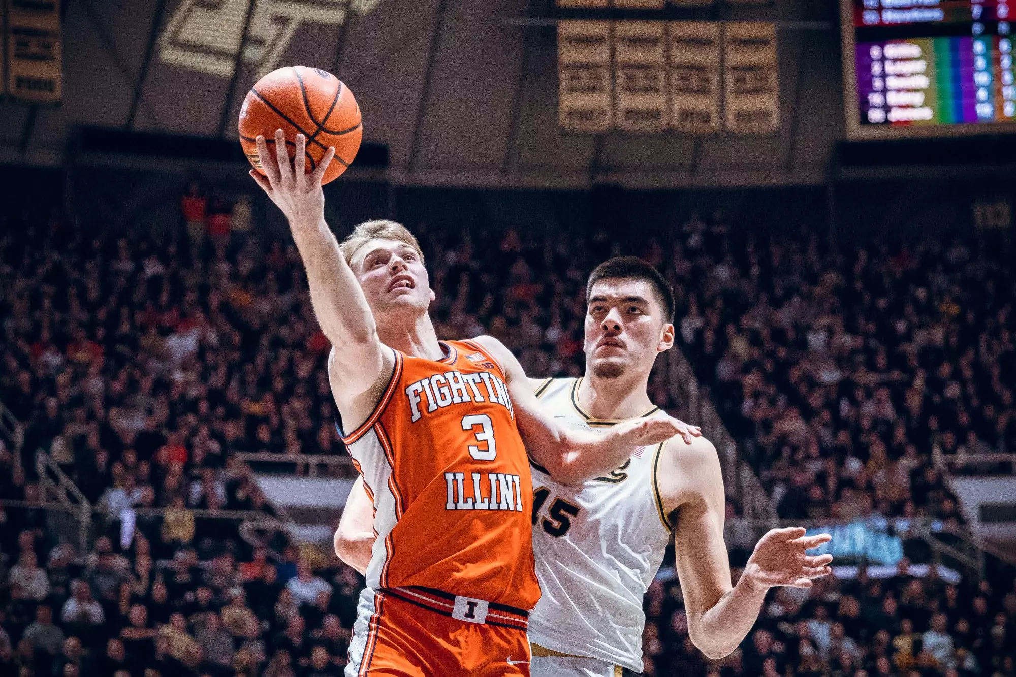 West Lafayette, IN - January 05, 2024 - Illinois Guard/Forward Marcus Domask (#3) during the game between the Purdue Boilermakers and the Illinois Fighting Illini at Mackey Arena in West Lafayette, IN. Photo By Courtney Bay
