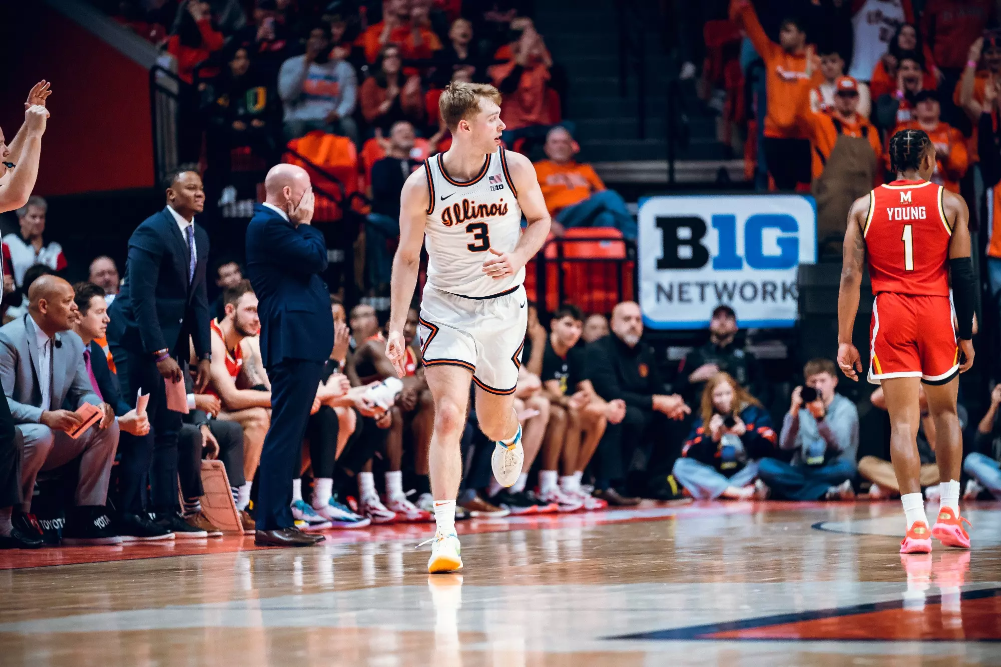 CHAMPAIGN, IL - January 14, 2024 - Illinois Guard/Forward Marcus Domask (#3) during the game between the Maryland Terrapins and the Illinois Fighting Illini at State Farm Center in Champaign, IL. Photo By Kevin Snyder