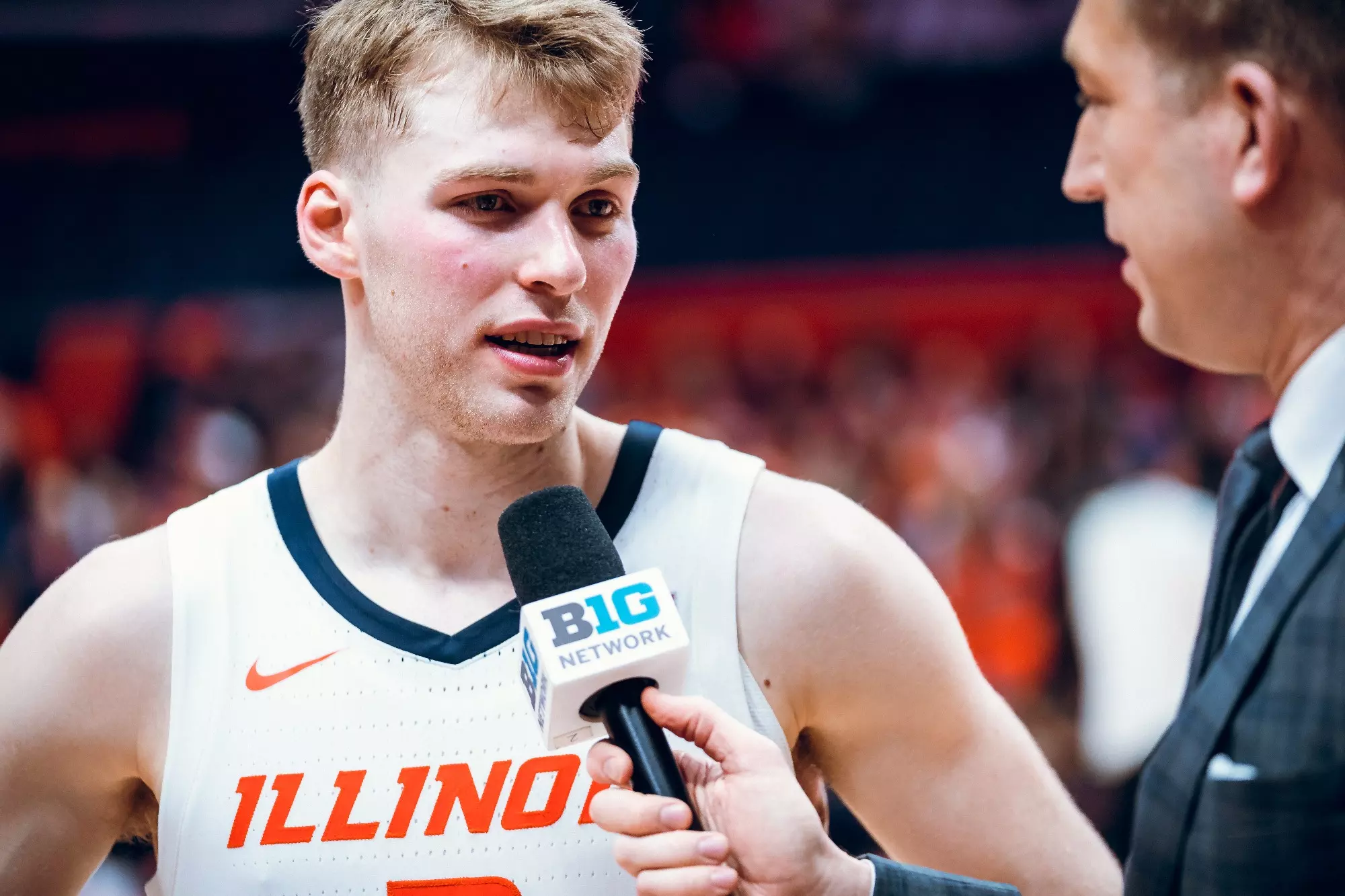 CHAMPAIGN, IL - February 04, 2024 - Illinois Guard/Forward Marcus Domask (#3) after the game between the Nebraska Cornhuskers and the Illinois Fighting Illini at State Farm Center in Champaign, IL. Photo By Kevin Snyder
