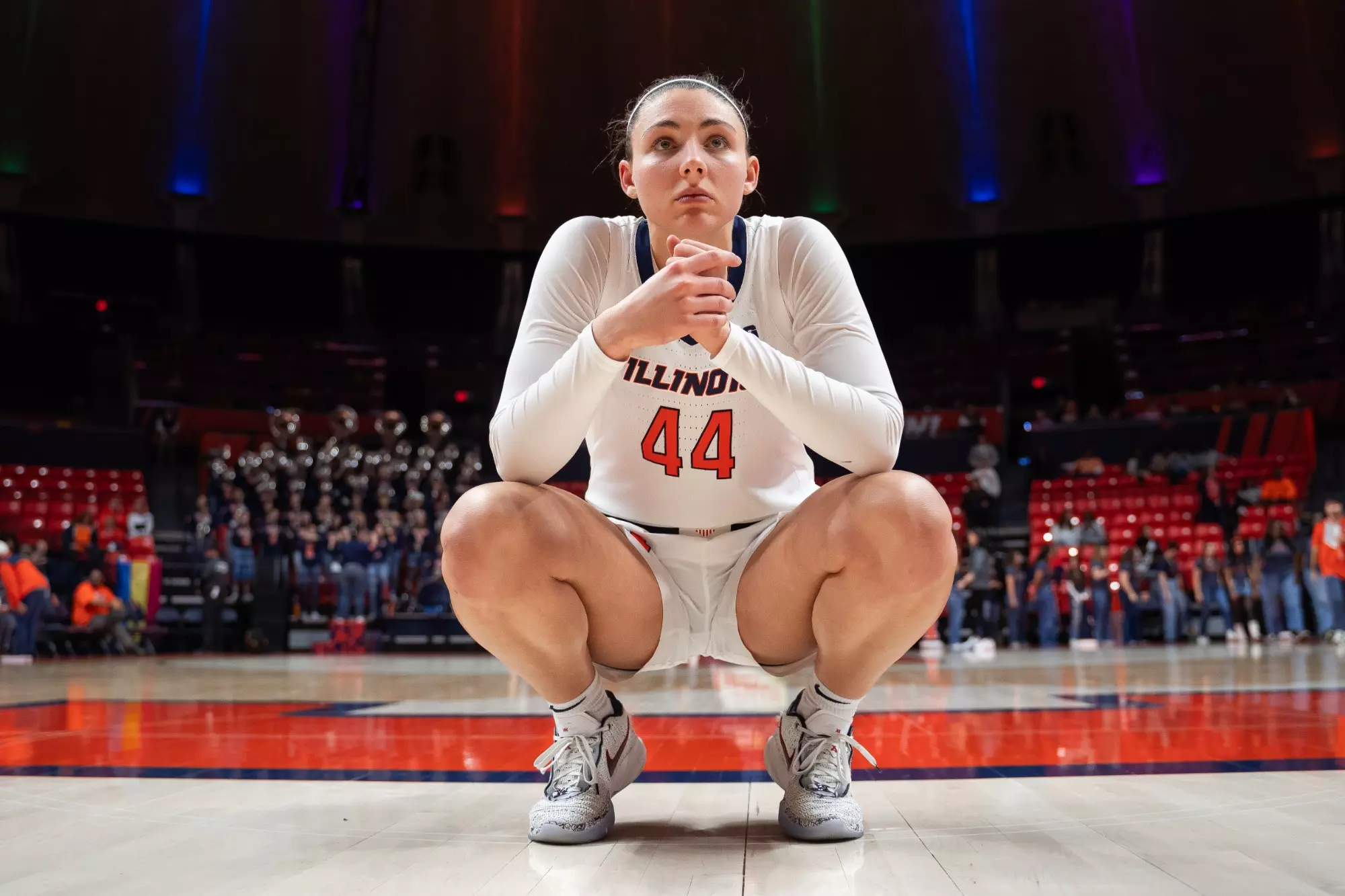 CHAMPAIGN, IL - February 08, 2024 - Illinois Forward Kendall Bostic (#44) before the game between the Northwestern Wildcats and the Illinois Fighting Illini at State Farm Center in Champaign, IL. Photo By Kevin Snyder