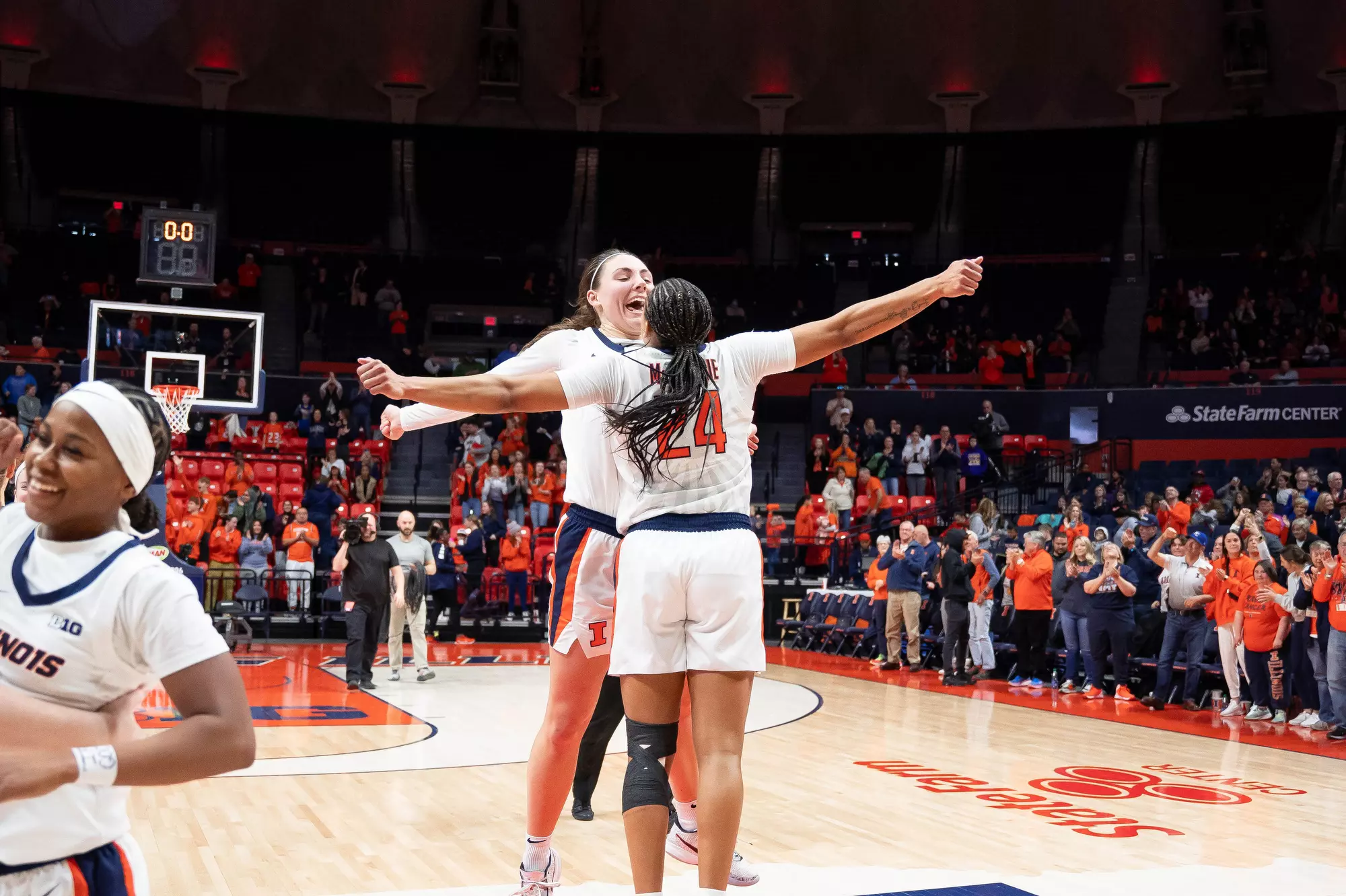 CHAMPAIGN, IL - February 19, 2024 - Illinois Forward Kendall Bostic (#44) and Illinois Guard Adalia McKenzie (#24) after the game between the Indiana Hoosiers and the Illinois Fighting Illini at State Farm Center in Champaign, IL. Photo By Madison Dabrowski