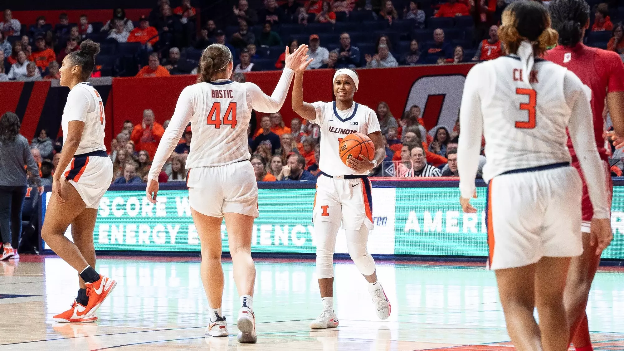 CHAMPAIGN, IL - February 19, 2024 - Illinois Forward Kendall Bostic (#44) and Illinois Guard Genesis Bryant (#1) during the game between the Indiana Hoosiers and the Illinois Fighting Illini at State Farm Center in Champaign, IL. Photo By Madison Dabrowski