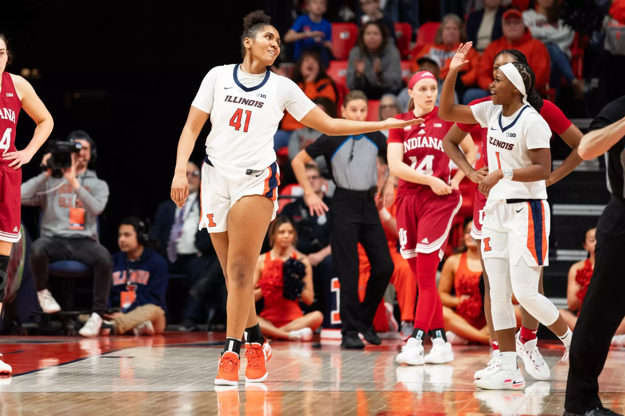 CHAMPAIGN, IL - February 19, 2024 - Illinois Center Camille Hobby (#41) and Illinois Guard Genesis Bryant (#1) during the game between the Indiana Hoosiers and the Illinois Fighting Illini at State Farm Center in Champaign, IL. Photo By Kevin Snyder