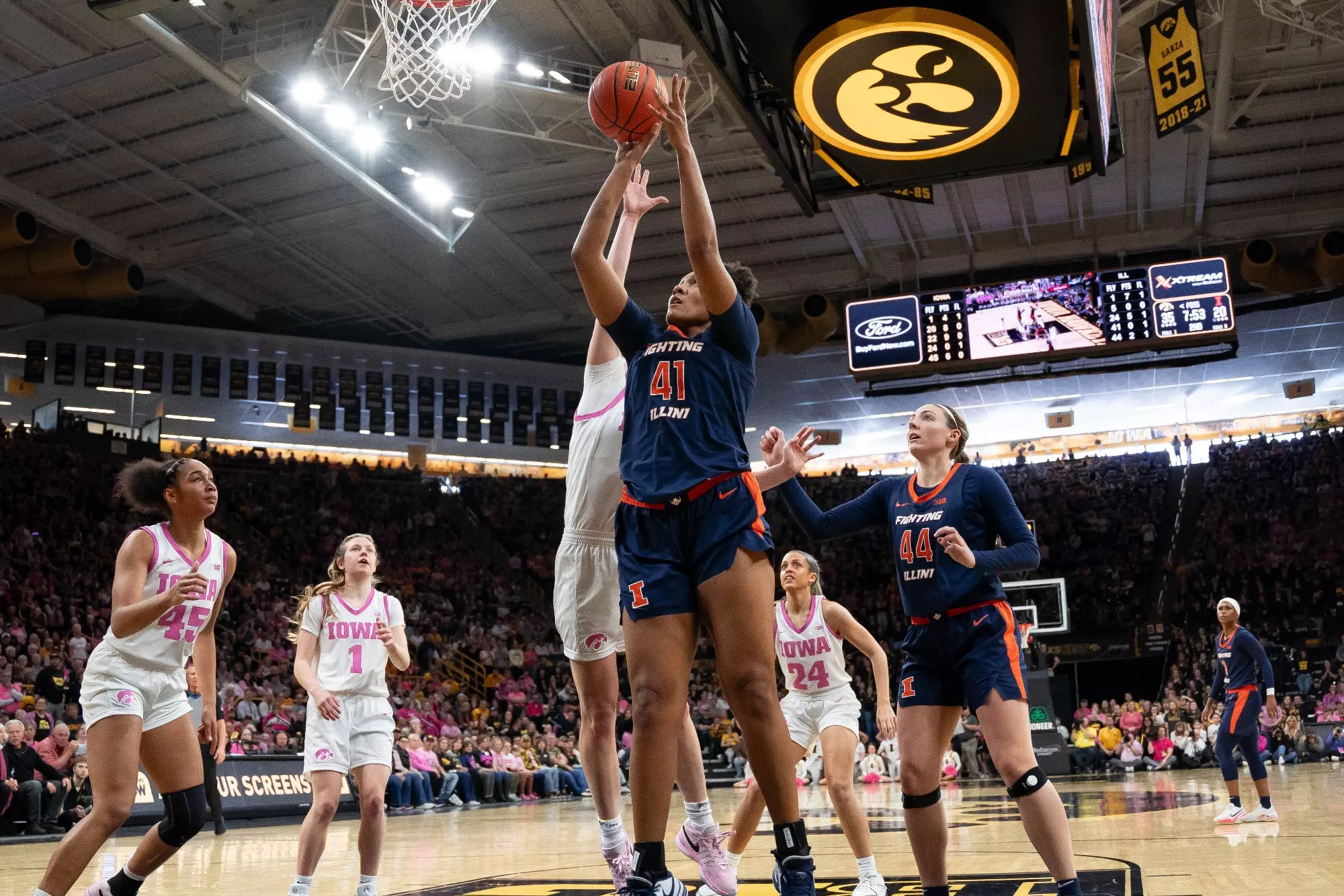 Iowa City, IA - February 25, 2024 - Illinois Center Camille Hobby (#41) during the game between the Iowa Hawkeyes and the Illinois Fighting Illini at Carver-Hawkeye Arena in Iowa City, IA. Photo By Madison Dabrowski