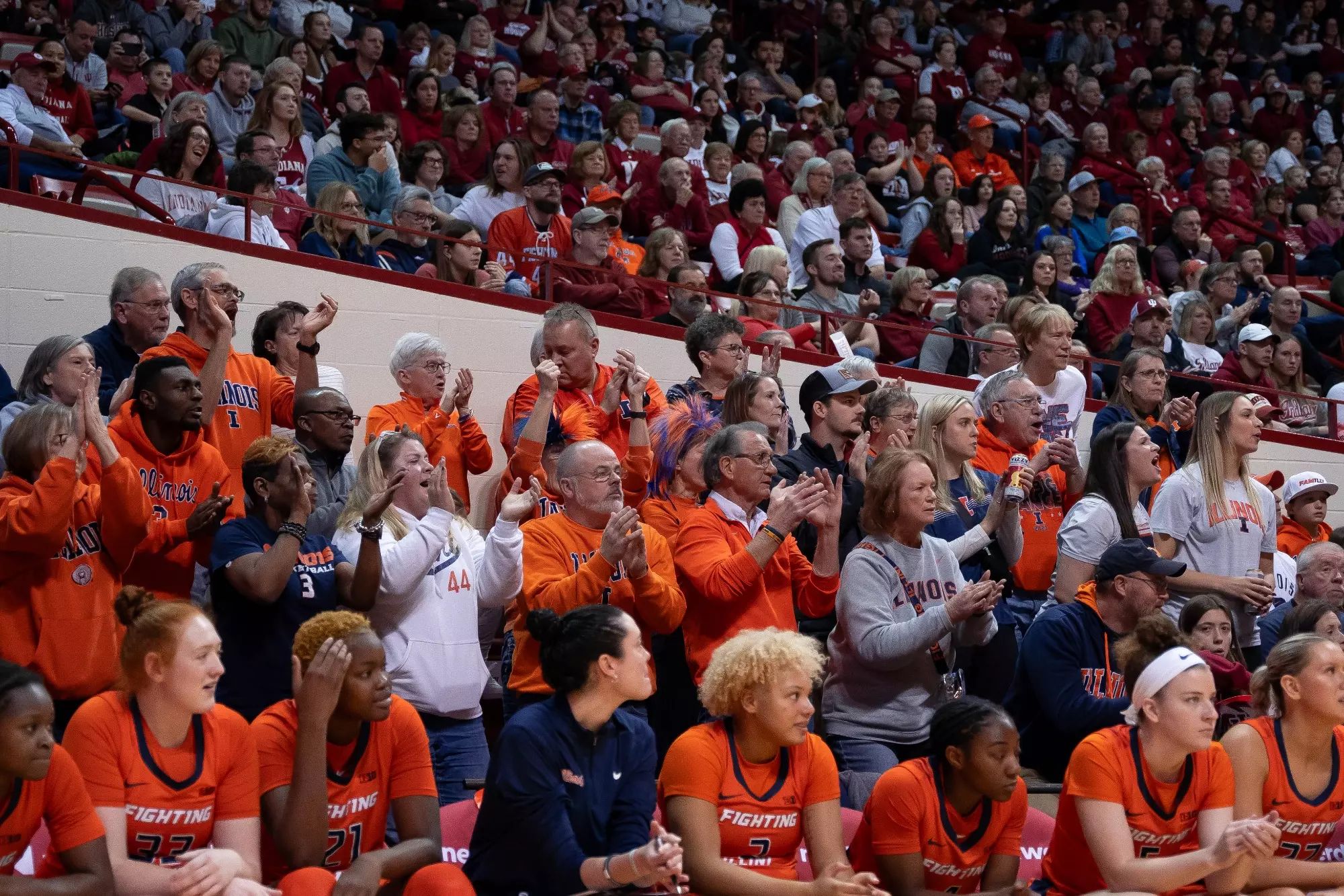 Bloomington, IN - December 31, 2023 - Illinois Fans during the game between the Indiana Hoosiers and the Illinois Fighting Illini at Simon Skjodt Assembly Hall in Bloomington, IN. Photo By Madison Dabrowski