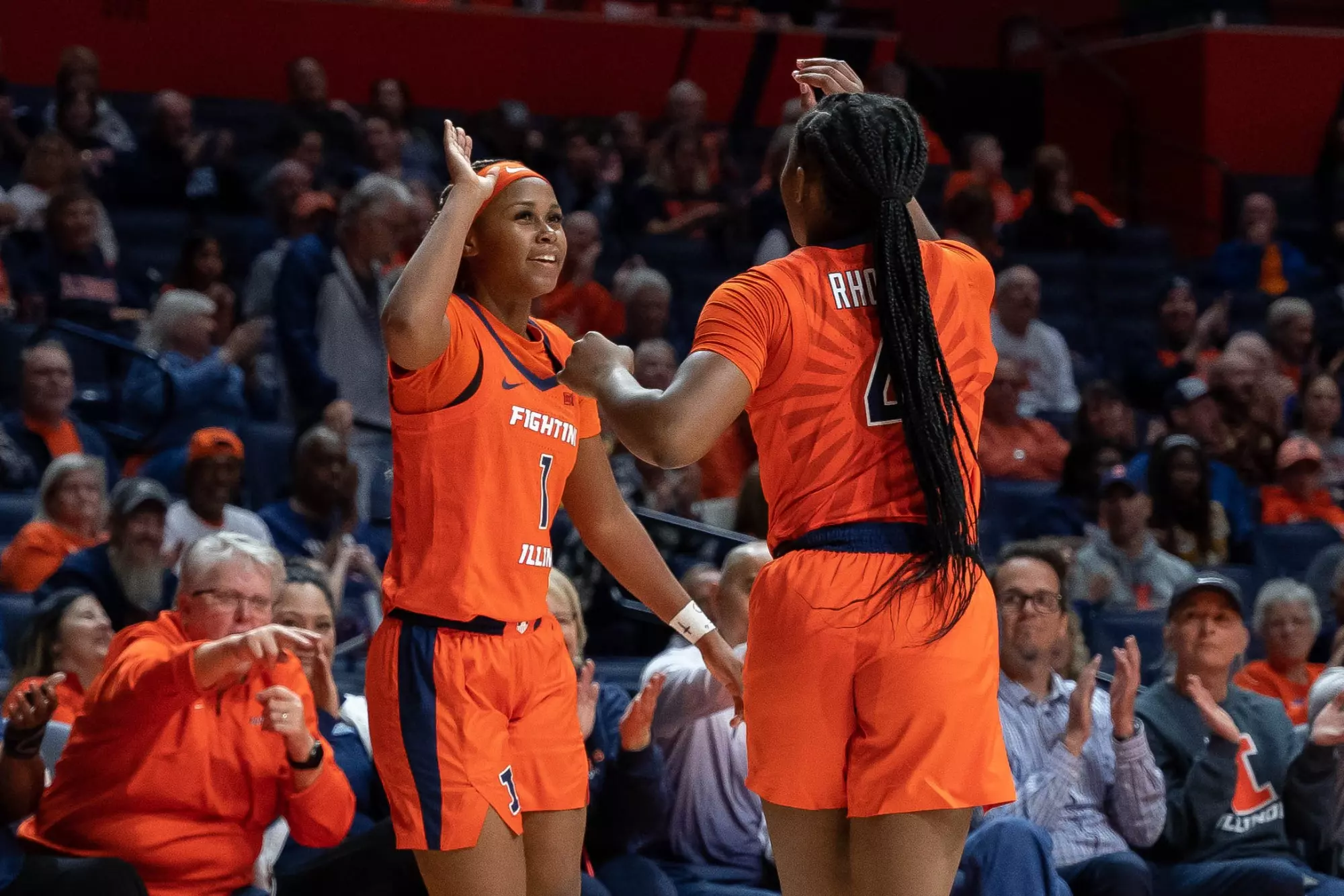 CHAMPAIGN, IL - November 07, 2023 - Illinois Guard Genesis Bryant (#1) and Illinois Guard Kam'Ren Rhodes (#4) during the game between the Morehead State Eagles and the Illinois Fighting Illini at State Farm Center in Champaign, IL. Photo By Madison Dabrowski
