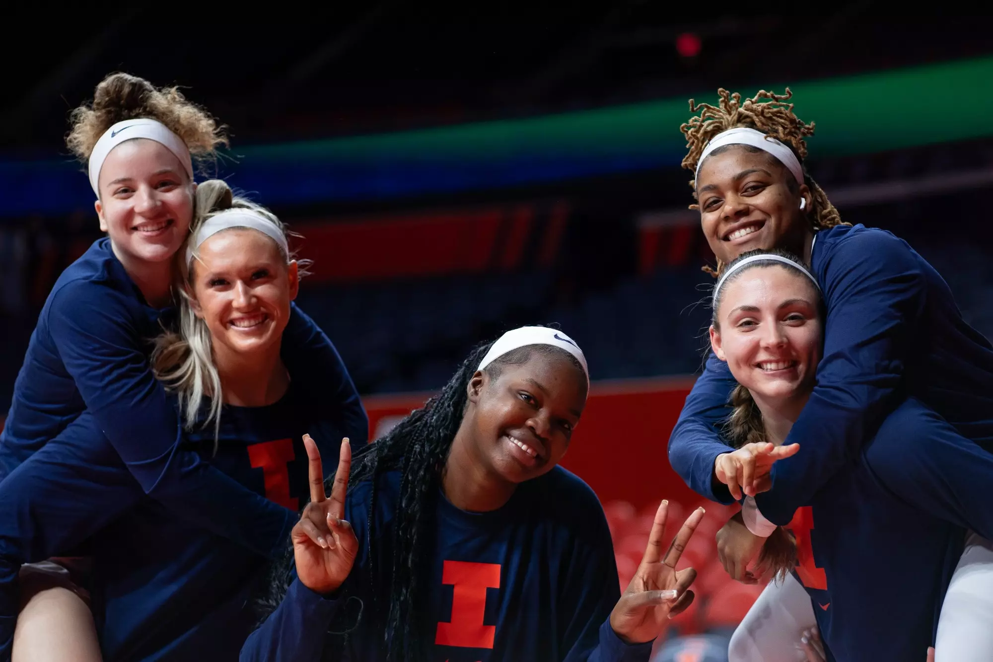 CHAMPAIGN, IL - December 06, 2023 - Illinois Guard Gretchen Dolan (#5), Illinois Forward Shay Bollin (#22), Illinois Center Aicha Ndour (#21), Illinois Forward Kendall Bostic (#44) and Illinois Guard Makira Cook (#3) before the game between the Northern Kentucky Norse and the Illinois Fighting Illini at State Farm Center in Champaign, IL. Photo By Madison Dabrowski