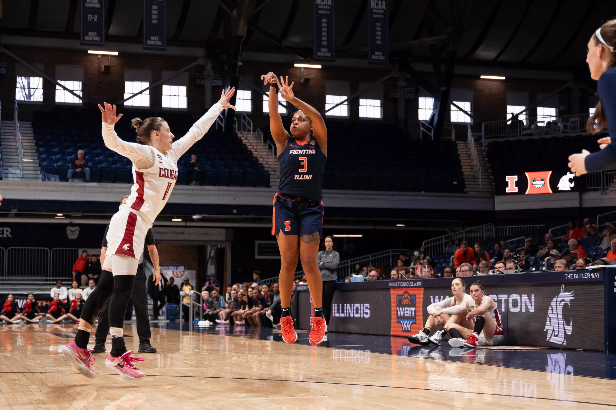 Indianapolis, IN - April 01, 2024 - Photos taken during the 2024 WBIT Semifinal game between the Washington State Cougars and the Illinois Fighting Illini at Hinkle Fieldhouse in Indianapolis, IN. (Photo By Madison Dabrowski/Illinois Athletics)