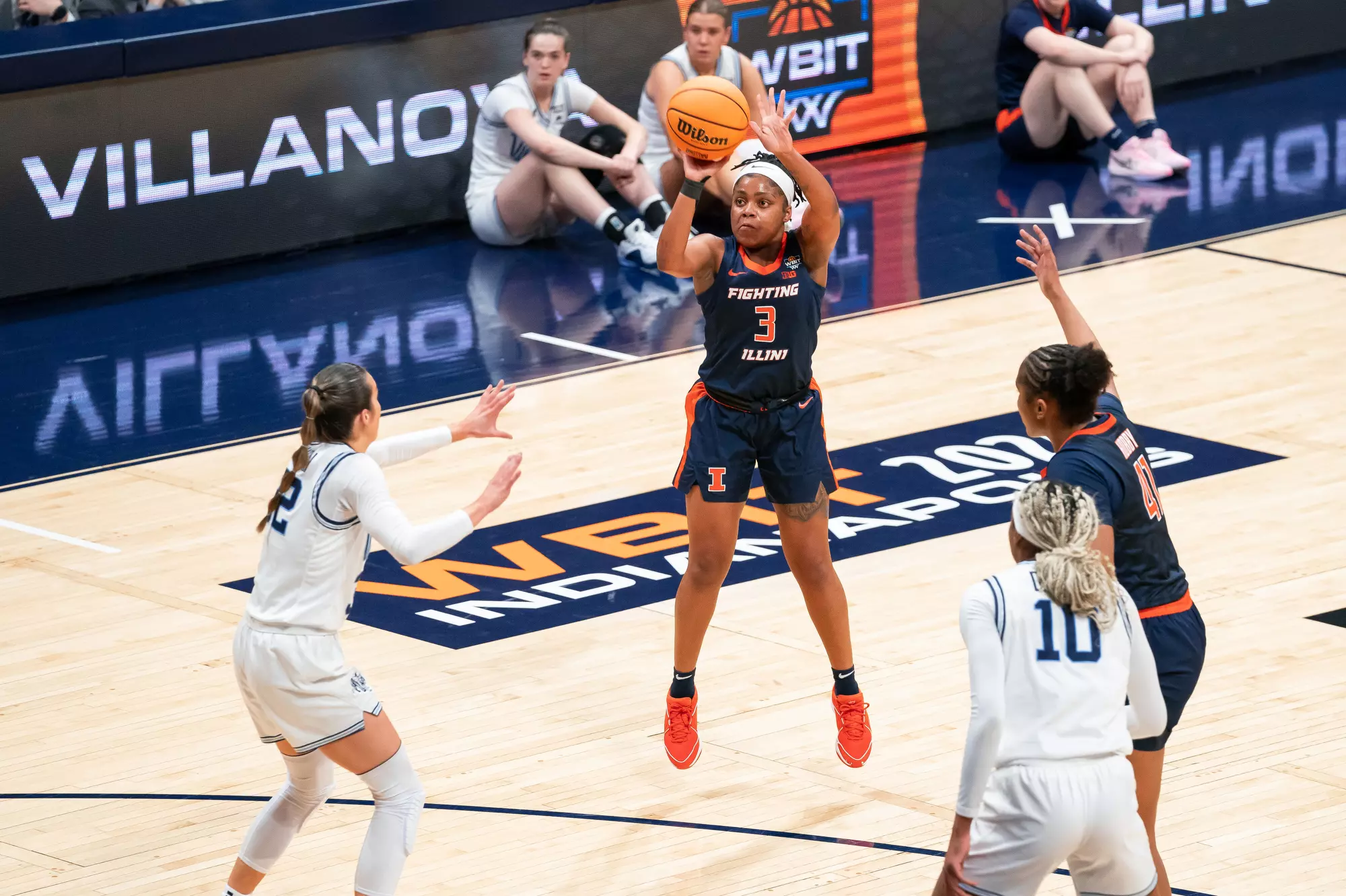 Indianapolis, IN - April 03, 2024 - Photos taken during the 2024 WBIT Championship game between the Villanova Wildcats and the Illinois Fighting Illini at Hinkle Fieldhouse in Indianapolis, IN. (Photo By Kevin Snyder /Illinois Athletics)
