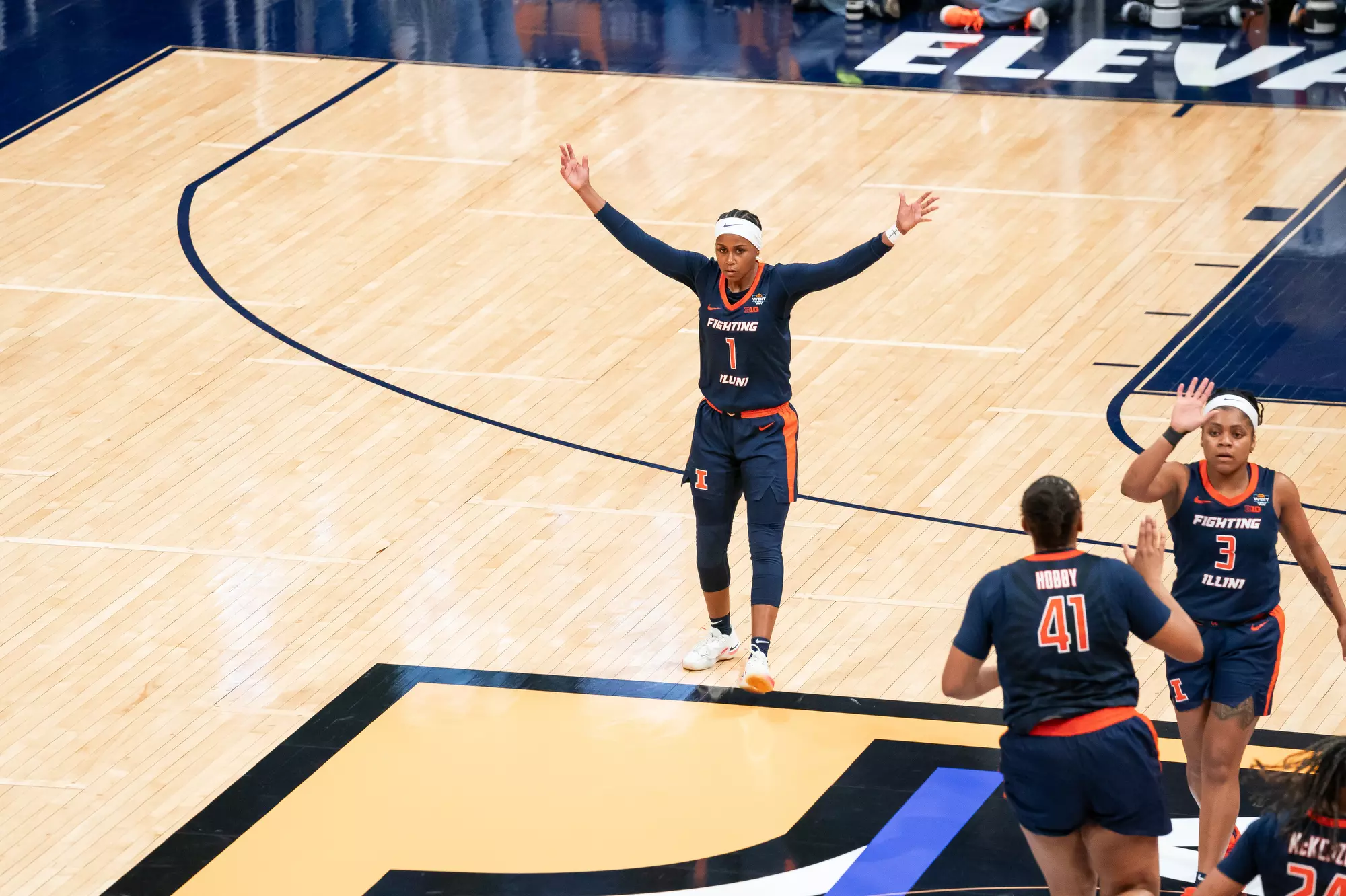 Indianapolis, IN - April 03, 2024 - Photos taken during the 2024 WBIT Championship game between the Villanova Wildcats and the Illinois Fighting Illini at Hinkle Fieldhouse in Indianapolis, IN. (Photo By Kevin Snyder /Illinois Athletics)