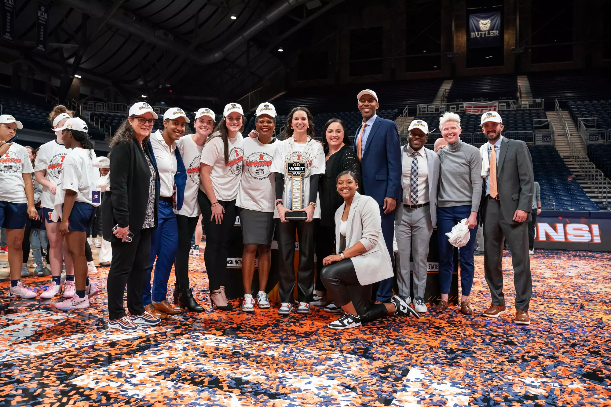 Indianapolis, IN - April 03, 2024 - Photos taken after the 2024 WBIT Championship game between the Villanova Wildcats and the Illinois Fighting Illini at Hinkle Fieldhouse in Indianapolis, IN. (Photo By Kevin Snyder /Illinois Athletics)