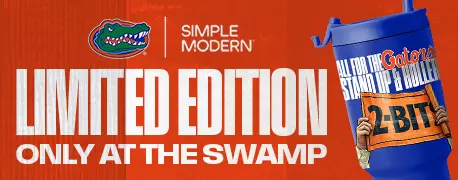 Simple Modern blue cup with 2-bit artwork and with blue lid and straw (Proud Sponsor of Florida Athletics)