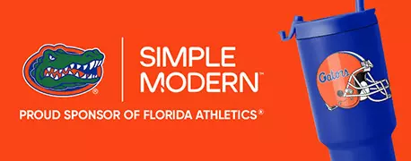 Simple Modern blue cup with orange gators helmet and with blue lid and straw (Proud Sponsor of Florida Athletics)