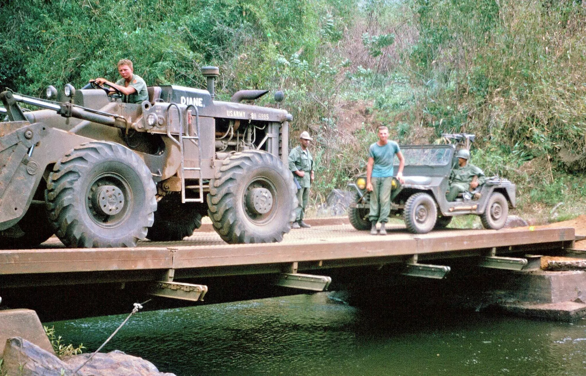 Bridge Repairs, Hwy 1, Kontum, Vietnam with Gordon Treweek in the jeep with Plt Sgt Tinsdale