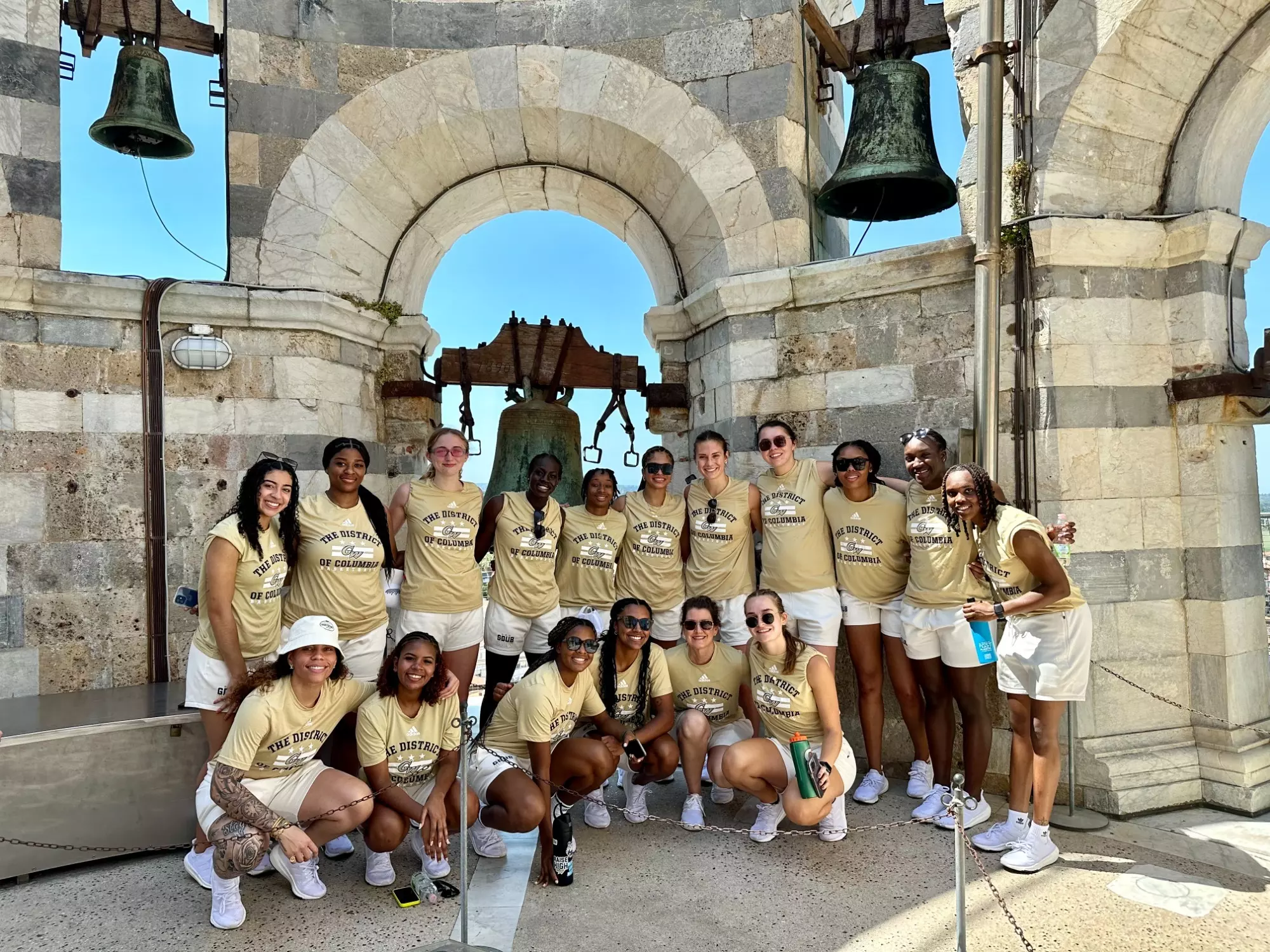 GW women's basketball at the Leaning Tower of Pisa
