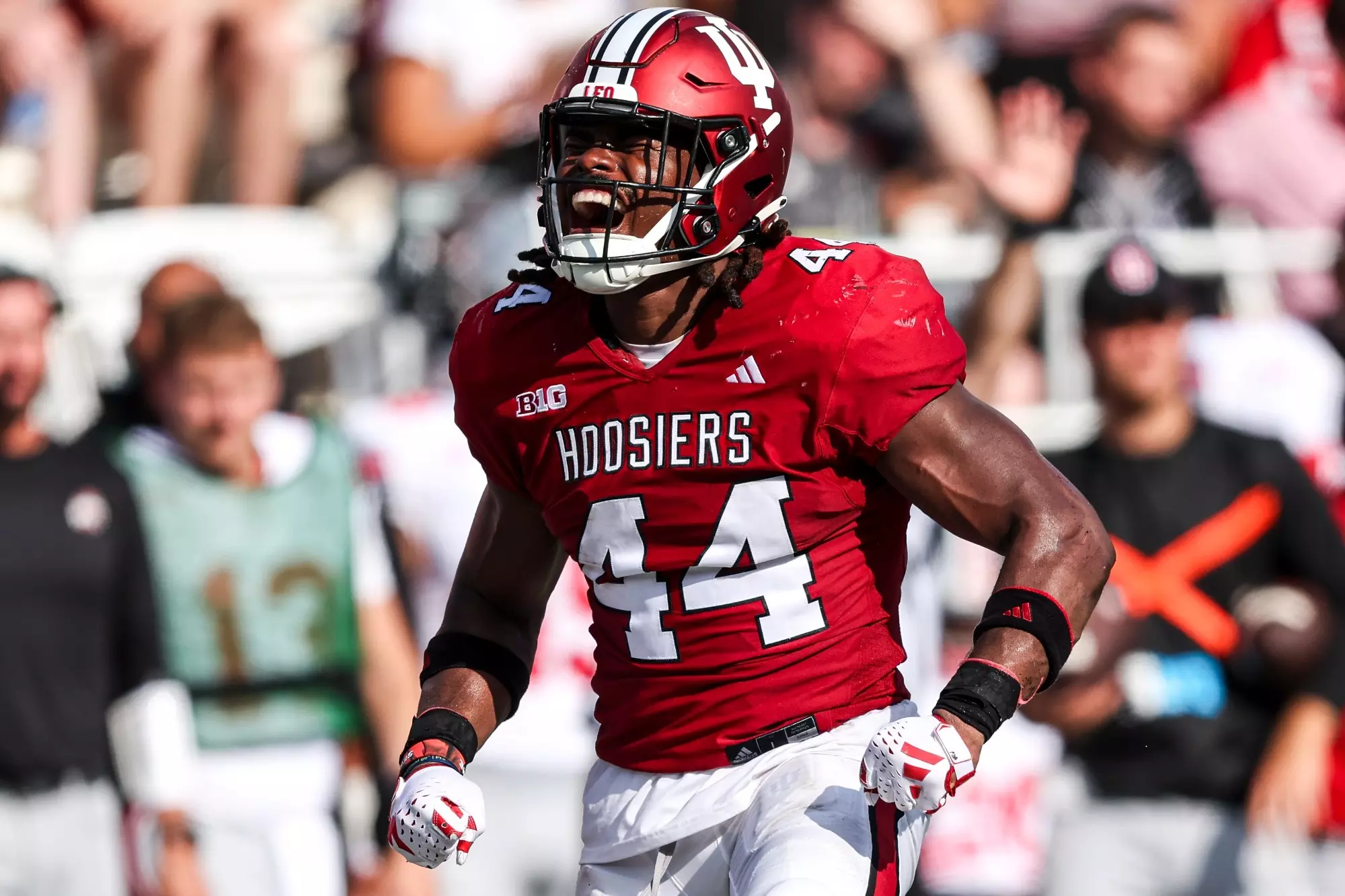 BLOOMINGTON, IN - September 02, 2023 - linebacker Aaron Casey #44 of the Indiana Hoosiers during the game between the Ohio State Buckeyes and the Indiana Hoosiers at Memorial Stadium in Bloomington, IN. Photo By Andrew Mascharka/Indiana Athletics