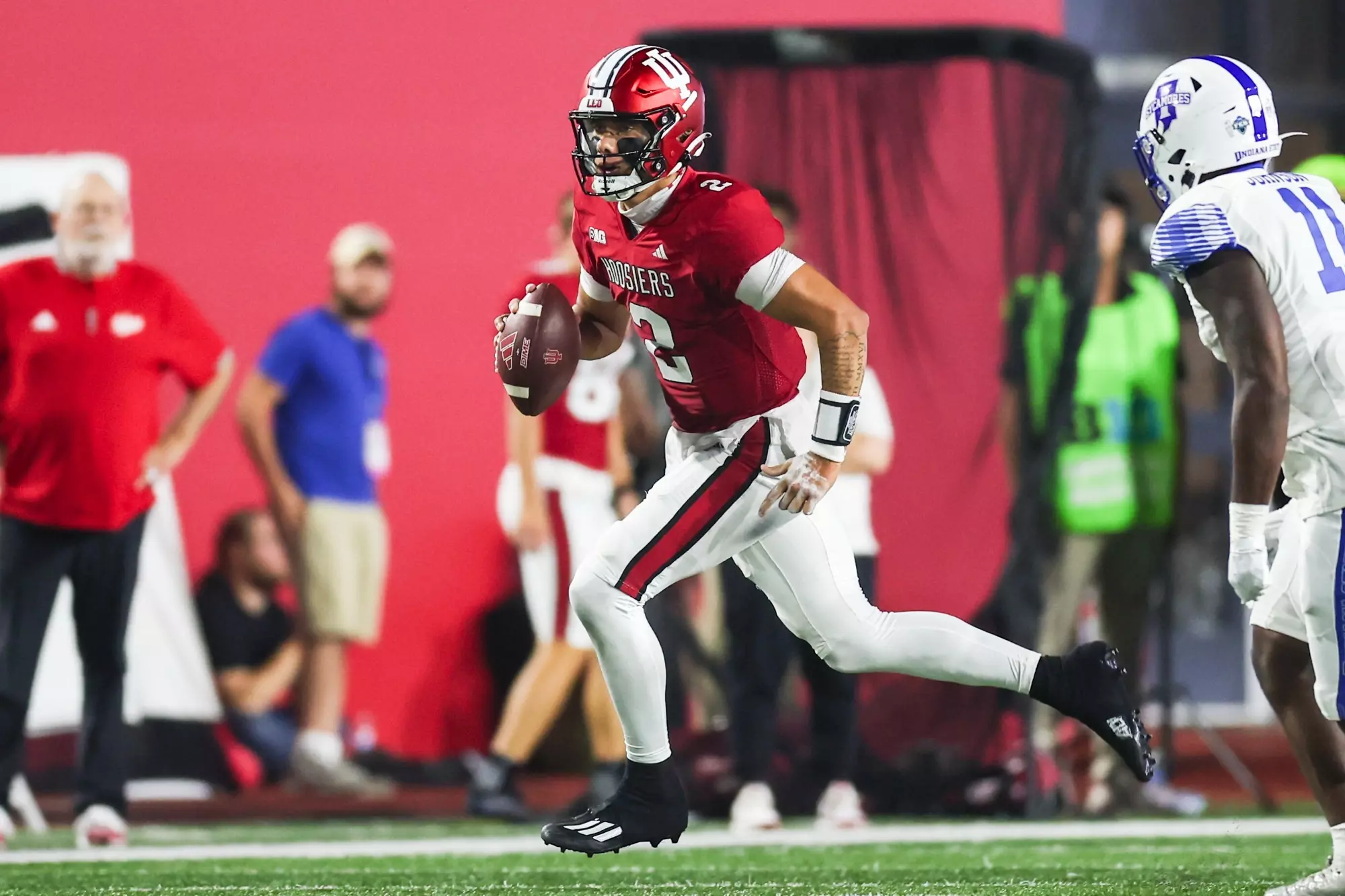 BLOOMINGTON, IN - September 8, 2023 - quarterback Tayven Jackson #2 of the Indiana Hoosiers during the game between the Indiana Hoosiers and the Indiana State Sycamores at Memorial Stadium in Bloomington, IN. Photo By Pearson Georges/Indiana Athletics