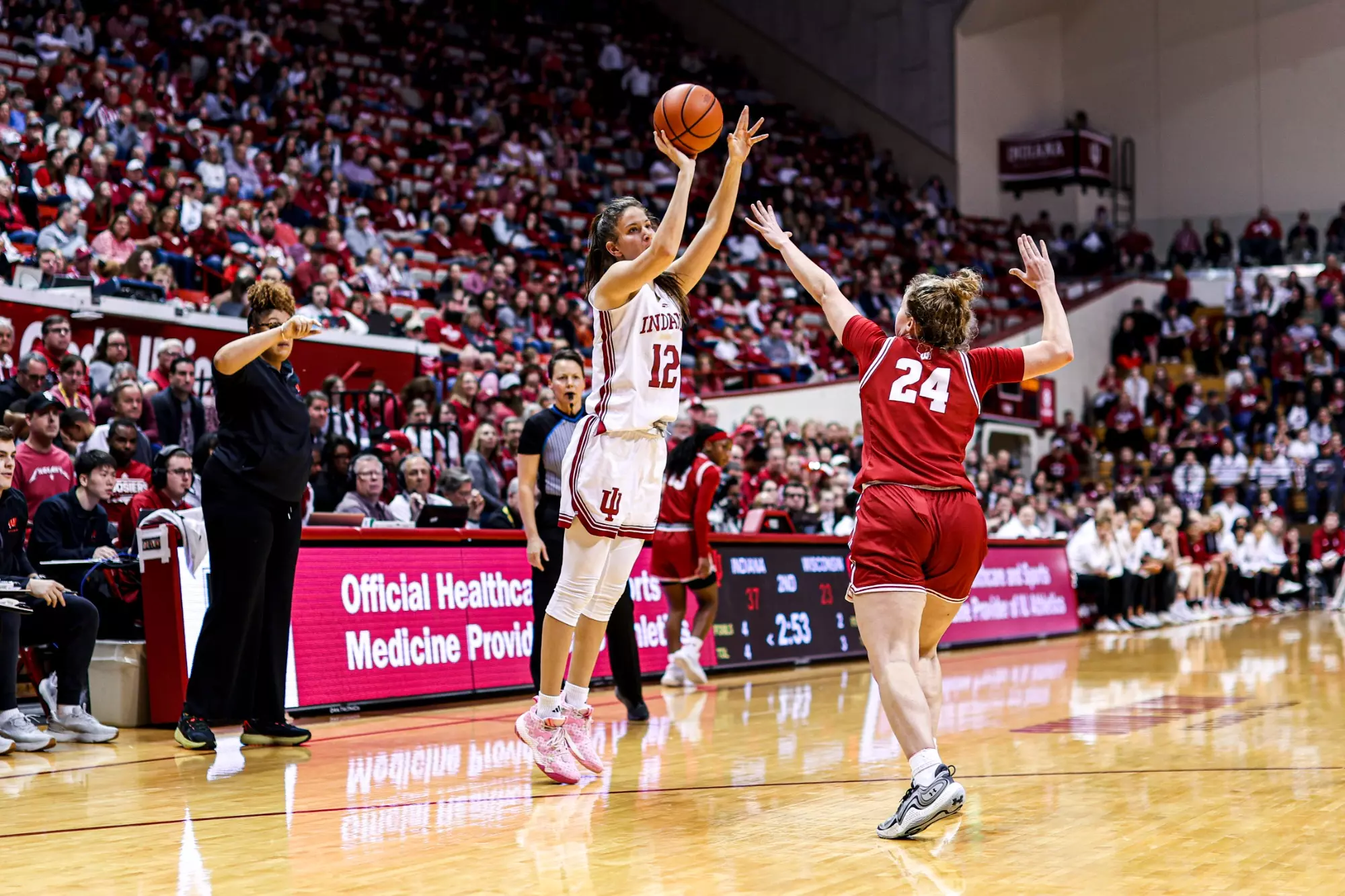 BLOOMINGTON, IN - December 28, 2024 - guard Yarden Garzon #12 of the Indiana Hoosiers during the game between the Wisconsin Badgers and the Indiana Hoosiers at Simon Skjodt Assembly Hall in Bloomington, IN. Photo By Indiana Athletics