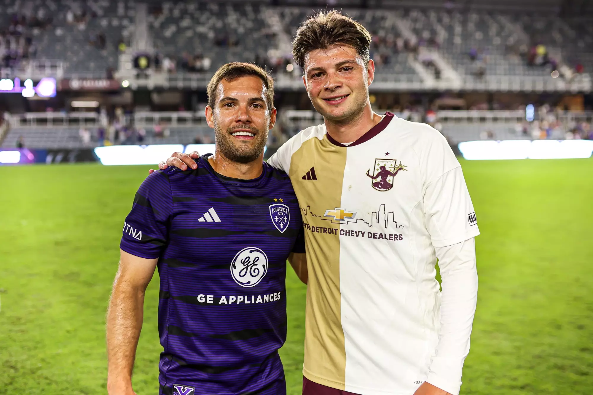 LOUISVILLE, KY - May 29, 2024 - Dylan Mares and Victor Bezerra during a game as Louisville City FC take on the Detroit City FC at the Lynn Family Stadium in Louisville, KY. Photo By Andrew Mascharka
