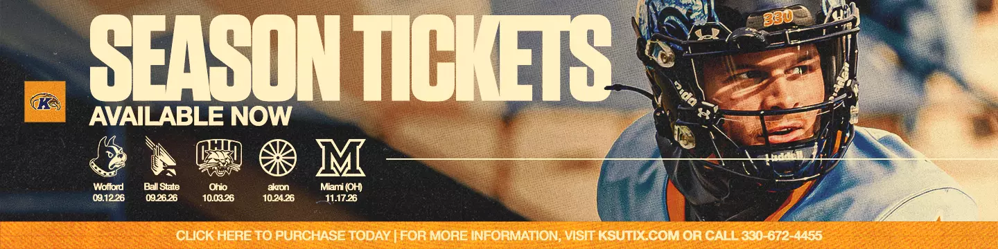 Season tickets advertisement featuring the Kent State Golden Flashes logo and football helmet. Opponents listed include Wofford, Ball state, Ohio, Akron, and Miami (OH) with corresponding game dates. Contact information provided for purchasing tickets. Call 330-672-4455