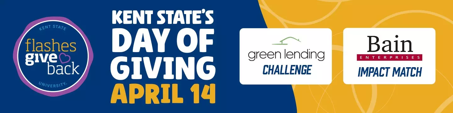 A promotional graphic for Kent State University's Day of Giving on April 14, featuring the "Flashes Give Back" circular logo at center on a navy blue and gold background. Bold white and gold text on the left reads "Kent State's Day of Giving April 14." To the right, two sponsor logos are displayed — the Green Lending Challenge and the Bain Enterprises Impact Match — indicating matching gift opportunities available during the fundraising event.
