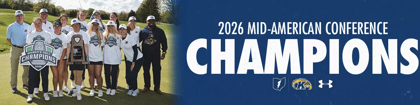 Celebratory banner graphic featuring the Kent State women's golf team posing with the 2026 MAC Women's Golf Champions trophy and signage on a golf course at left, alongside bold white text on a navy background reading '2026 Mid-American Conference Champions' with the Kent State lightning bolt, Golden Flashes, and Under Armour logos below.