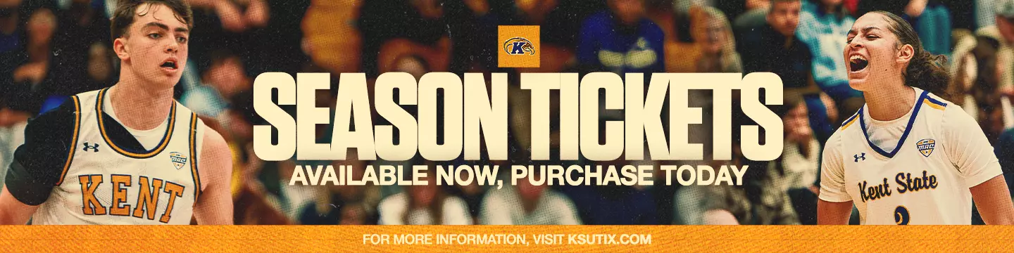 Promotional banner for Kent State basketball season tickets featuring a men's basketball player on the left and a women's basketball player on the right.