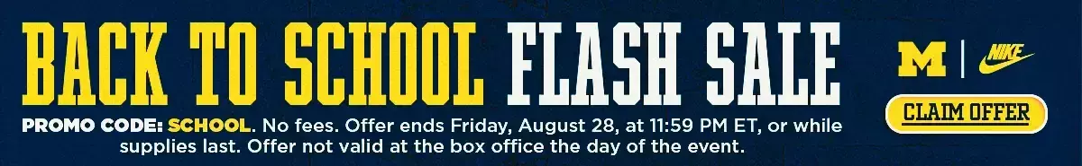 Michigan Athletics Back to School Flash Sale - Ticket deals for men's soccer, women's soccer and volleyball with promo code SCHOOL. Offer ends Friday, August 28, at 11:59 p.m. ET or while supplies last.