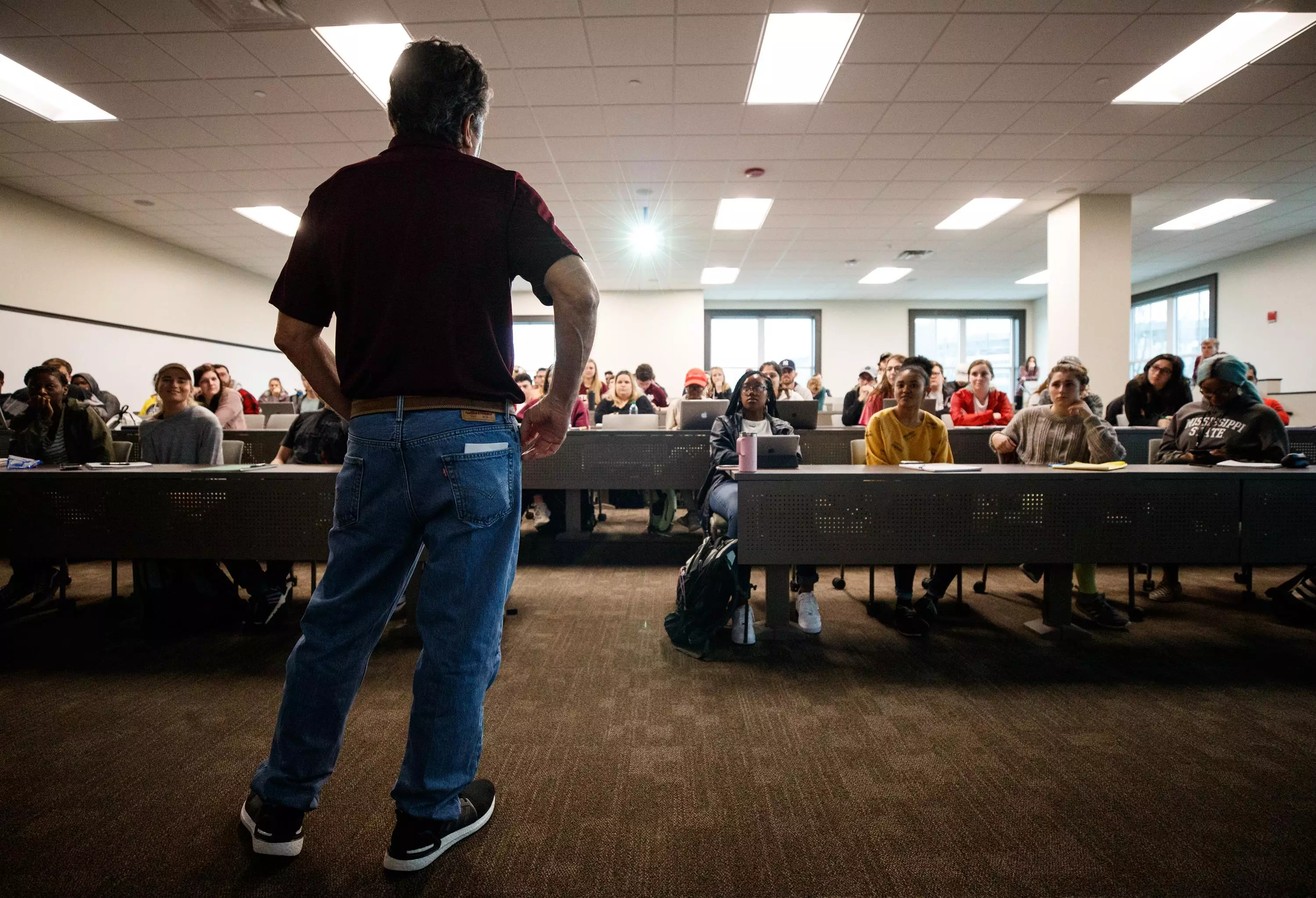 STARKVILLE, MS - JANUARY 10, 2020 - Mike Leach, the new Head Coach of the Mississippi State Bulldogs football team visits a classroom on Mississippi State Campus in Starkville, MS. Photo By Aaron Cornia